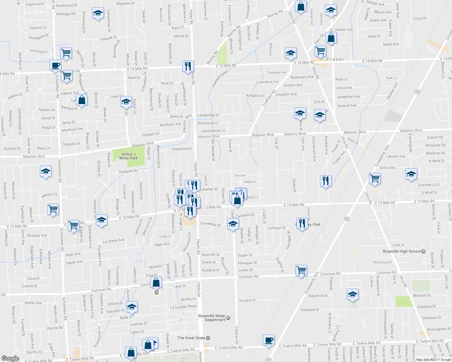 map of restaurants, bars, coffee shops, grocery stores, and more near 31256 Richert Street in Fraser