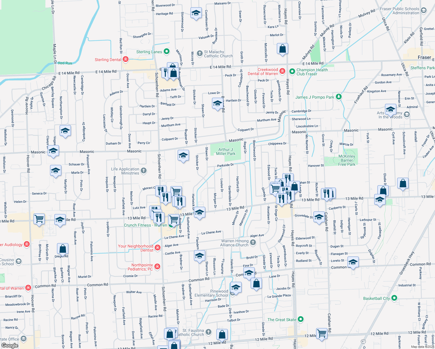 map of restaurants, bars, coffee shops, grocery stores, and more near 31540 Morgan Dr in Warren
