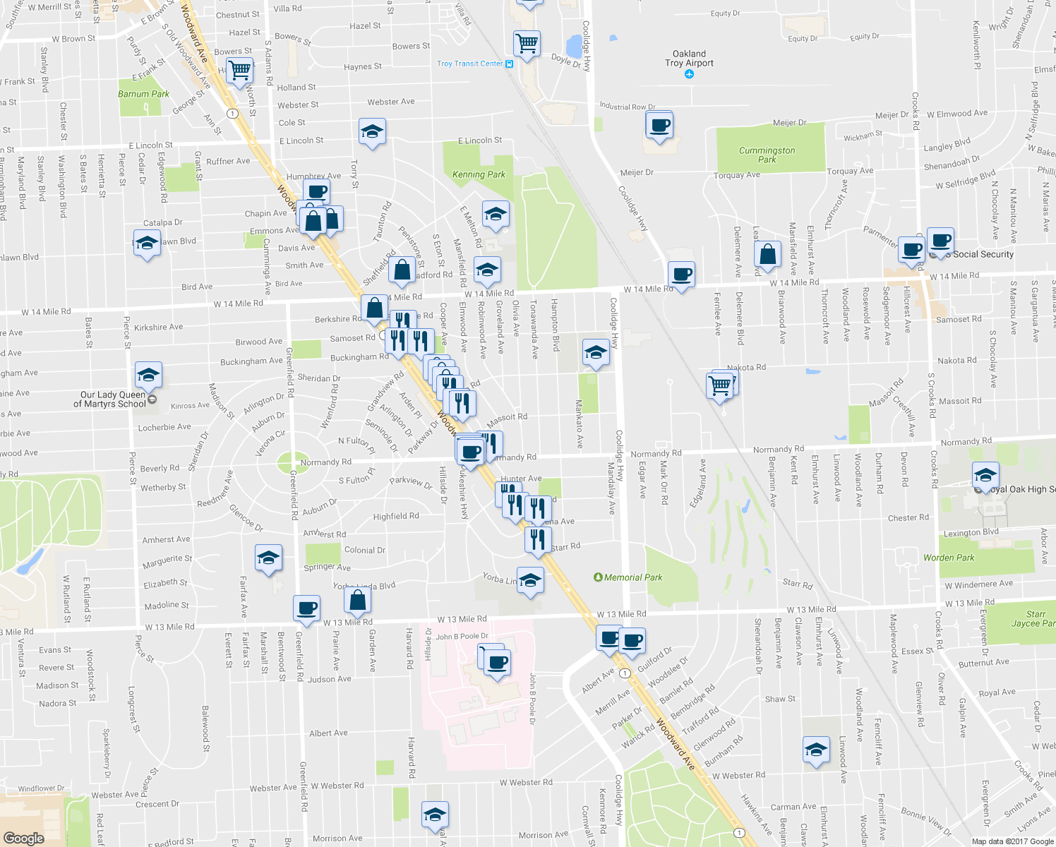 map of restaurants, bars, coffee shops, grocery stores, and more near 4248 Olivia Avenue in Royal Oak