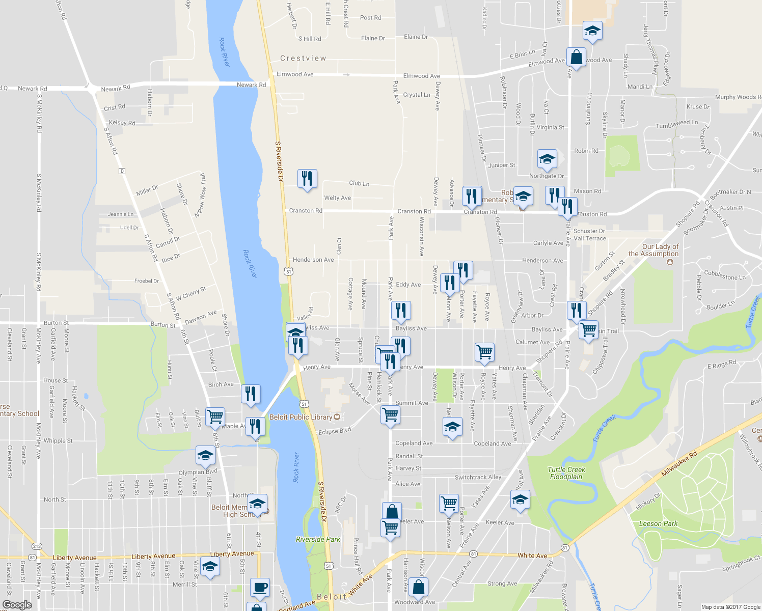 map of restaurants, bars, coffee shops, grocery stores, and more near 1947 Church Street in Beloit