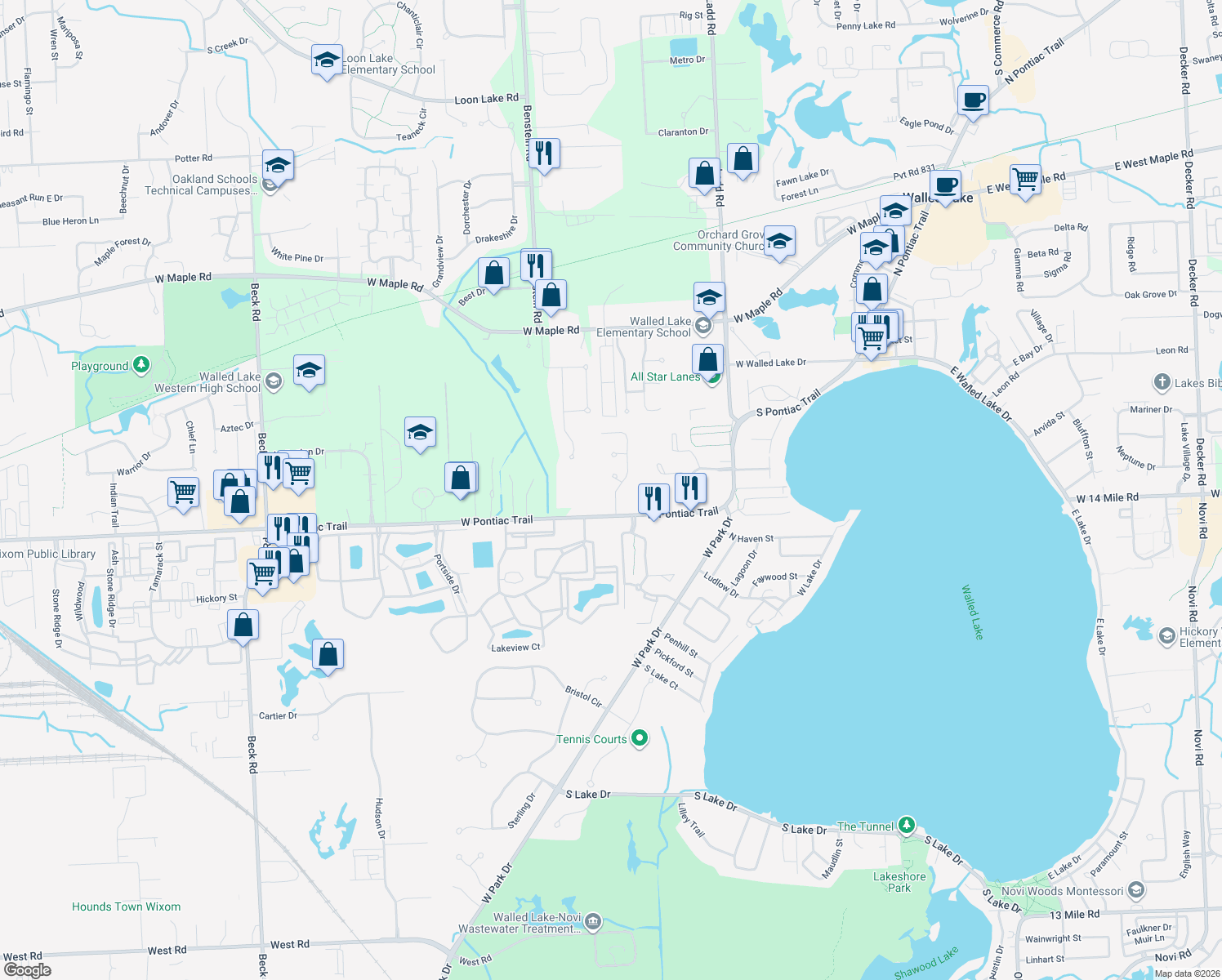 map of restaurants, bars, coffee shops, grocery stores, and more near 107 Chestnut Ridge in Walled Lake