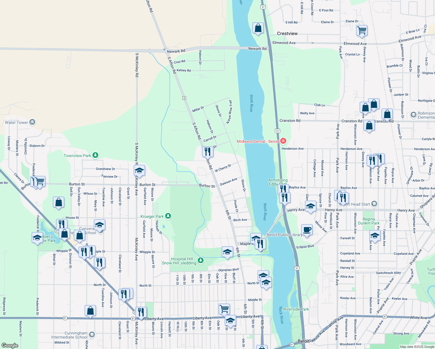 map of restaurants, bars, coffee shops, grocery stores, and more near 1945 S Afton Rd in Beloit