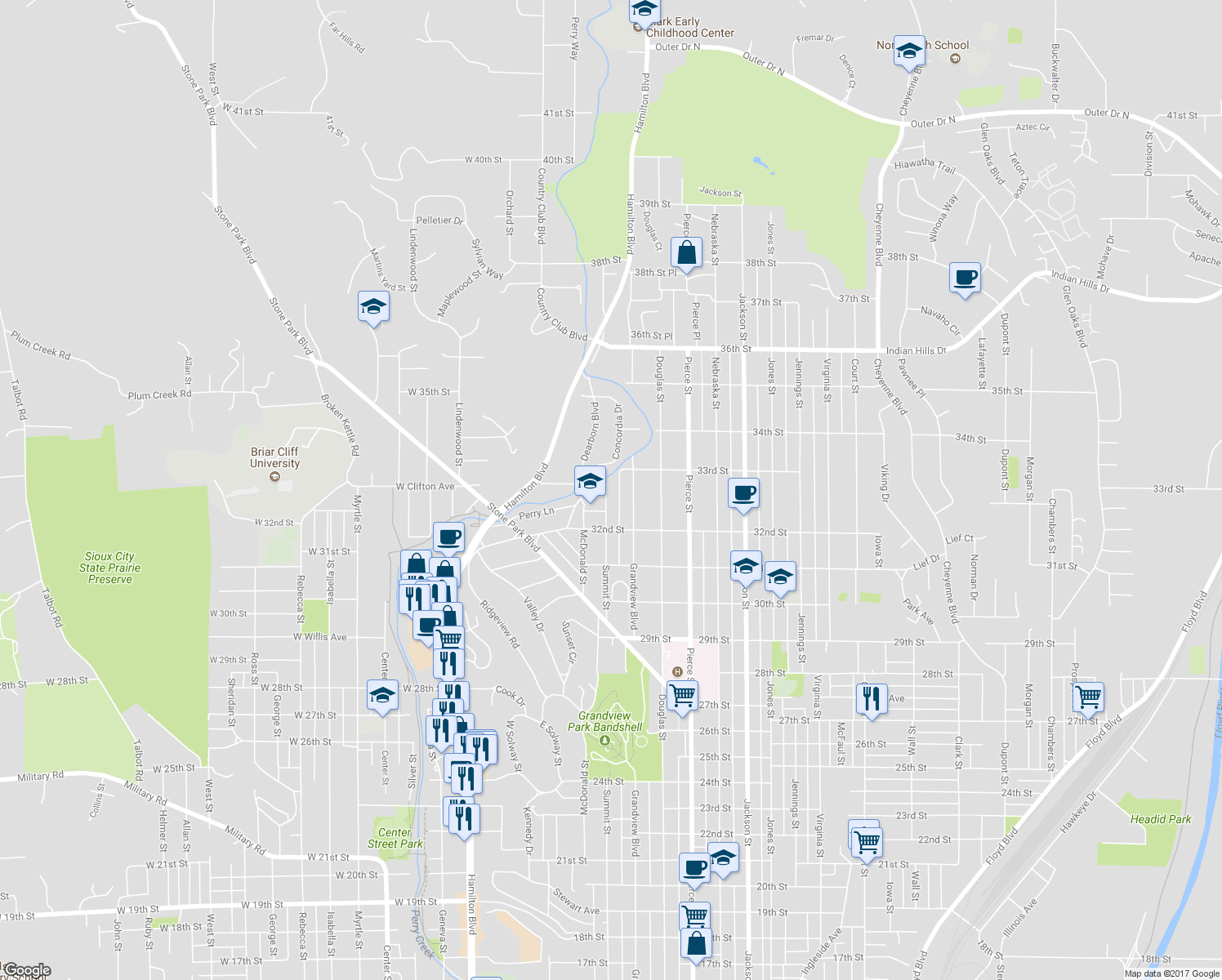 map of restaurants, bars, coffee shops, grocery stores, and more near 3238 Summit Street in Sioux City