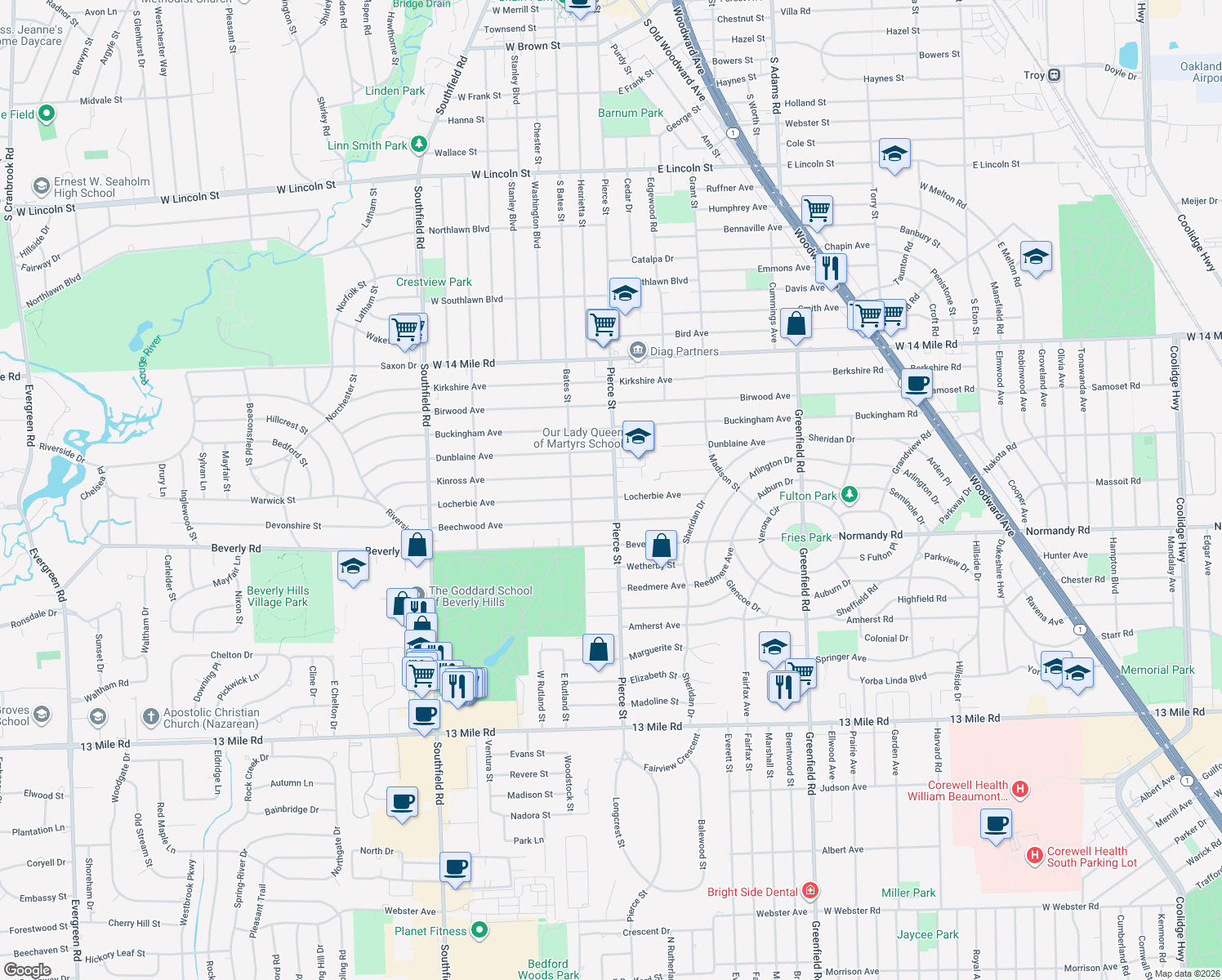 map of restaurants, bars, coffee shops, grocery stores, and more near 16910 Locherbie Avenue in Beverly Hills