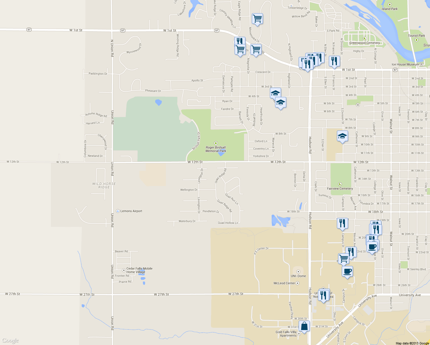 map of restaurants, bars, coffee shops, grocery stores, and more near 2812 Covey Court in Cedar Falls