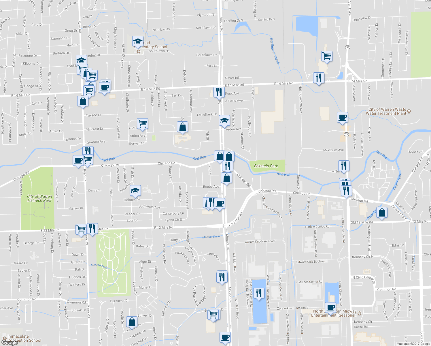 map of restaurants, bars, coffee shops, grocery stores, and more near 5749 Filmore Avenue in Warren