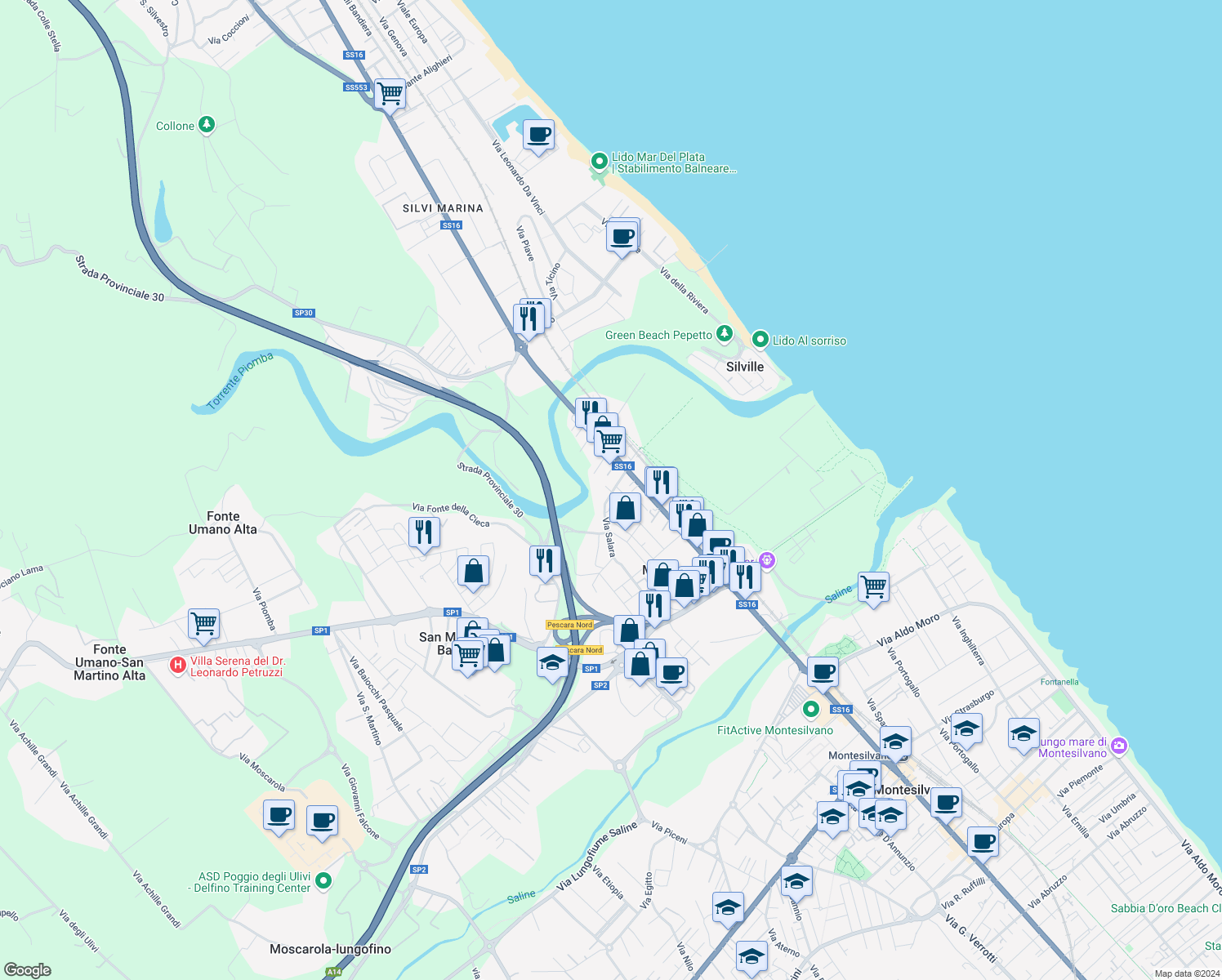 map of restaurants, bars, coffee shops, grocery stores, and more near 139 Via Salara in Marina