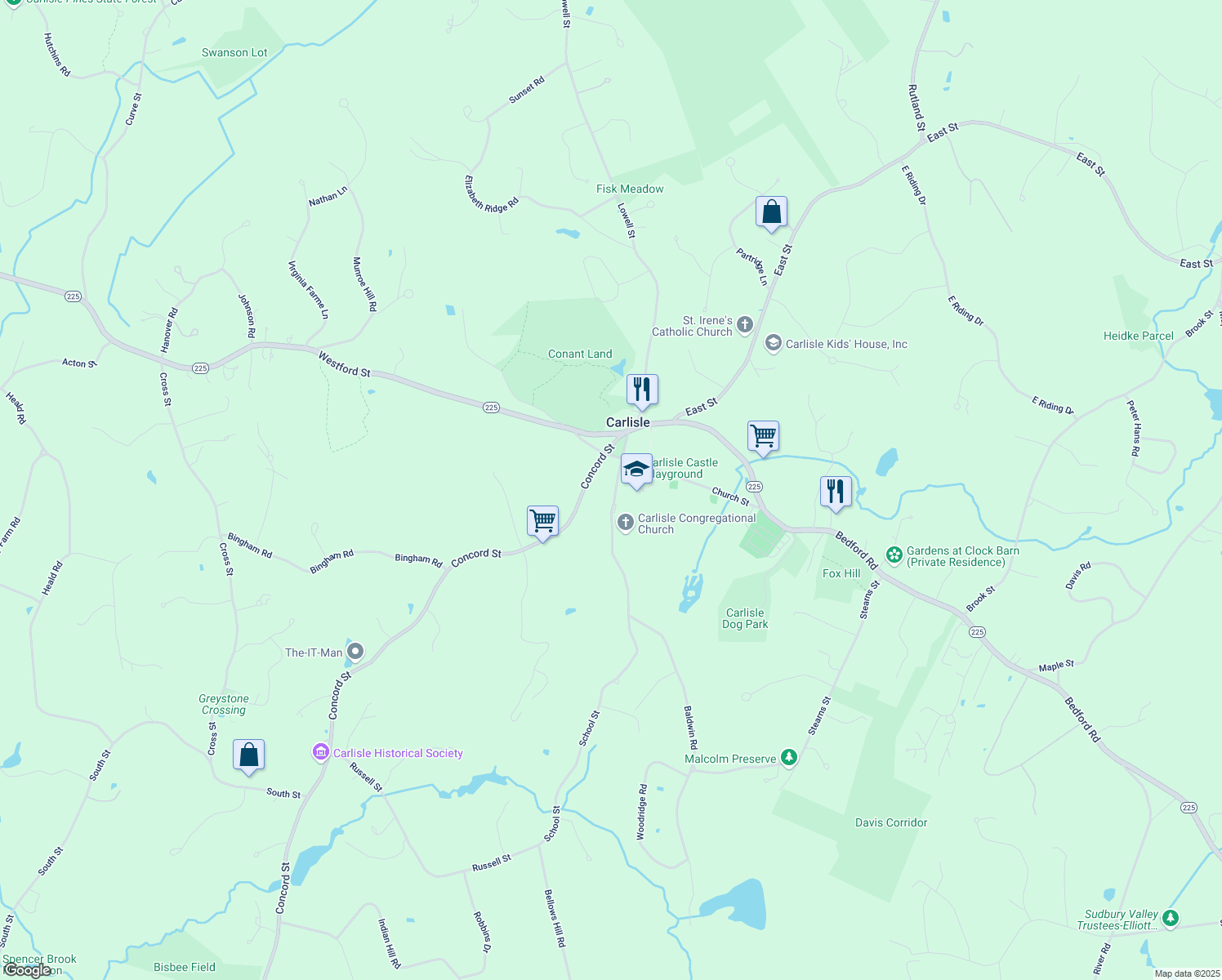 map of restaurants, bars, coffee shops, grocery stores, and more near 88 School Street in Carlisle