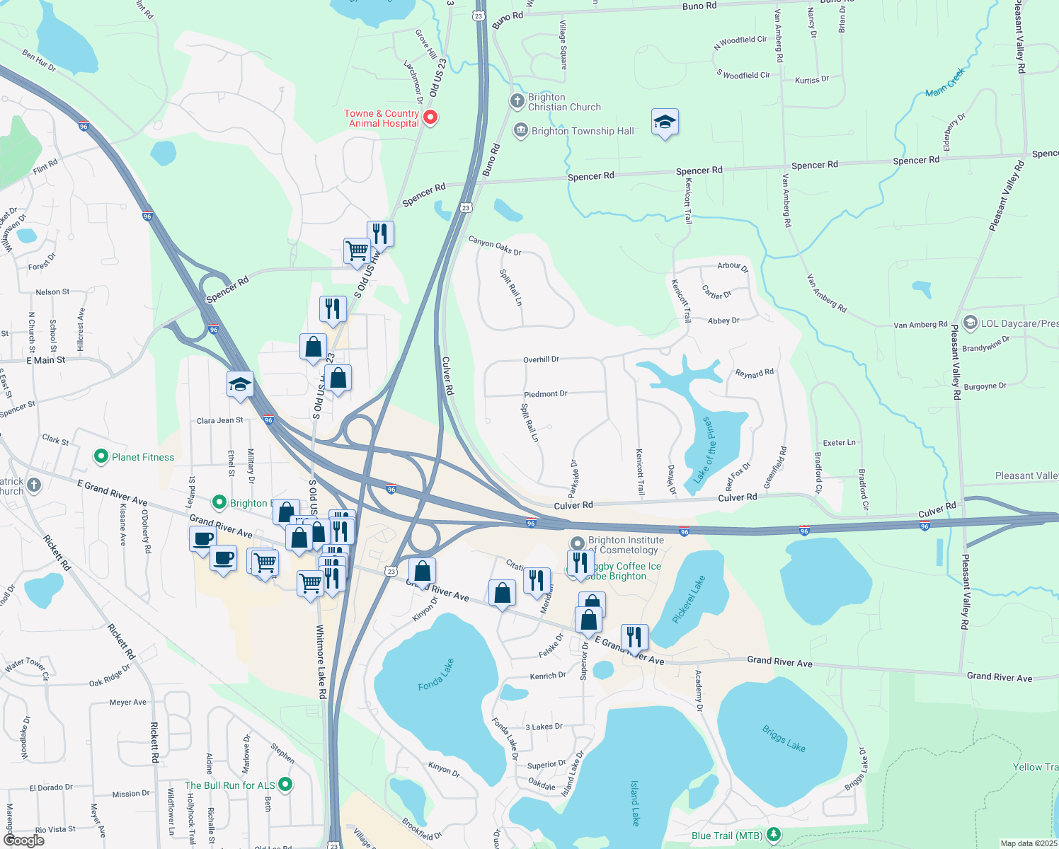 map of restaurants, bars, coffee shops, grocery stores, and more near 5460 Split Rail Lane in Brighton