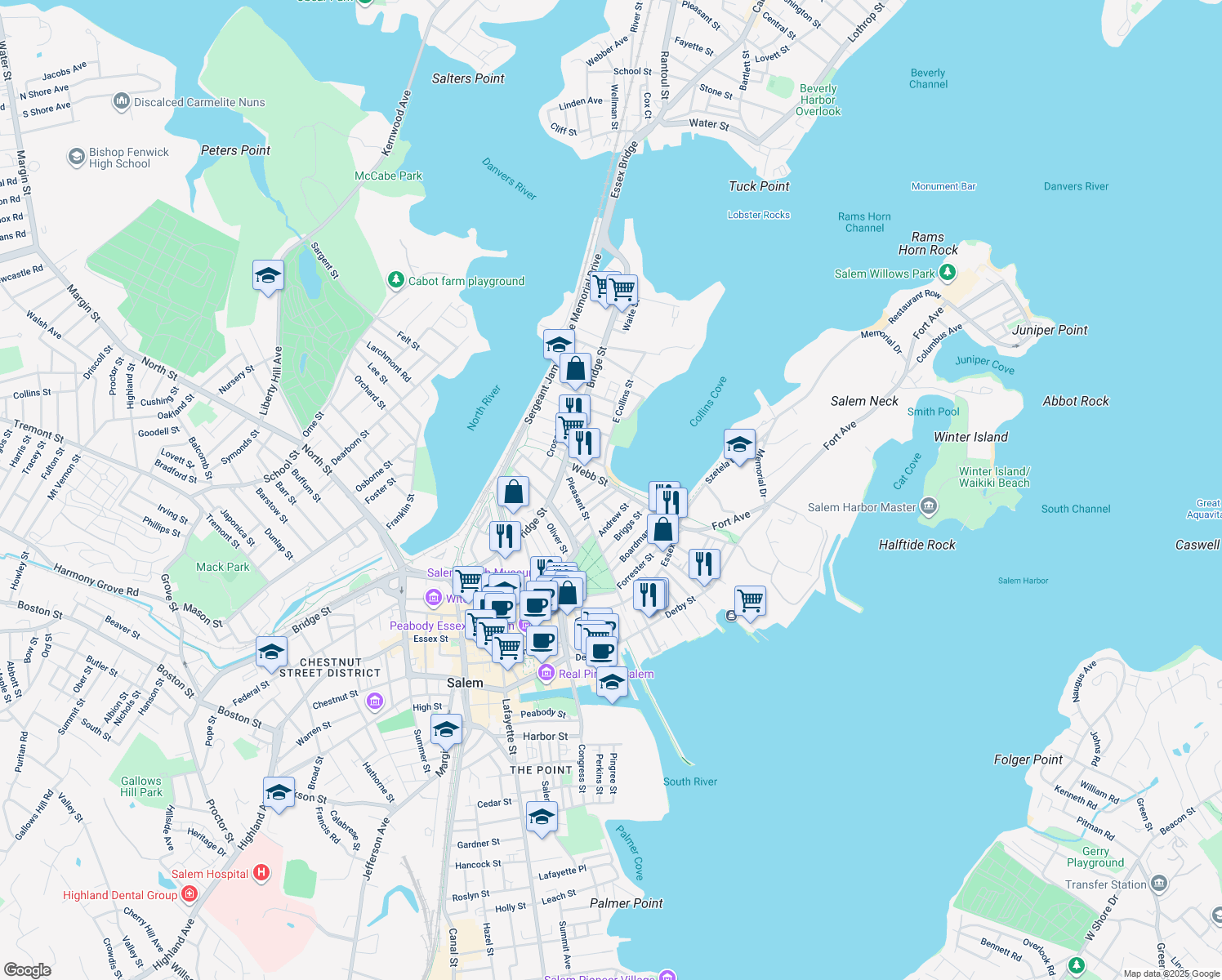 map of restaurants, bars, coffee shops, grocery stores, and more near 25 Pickman Street in Salem