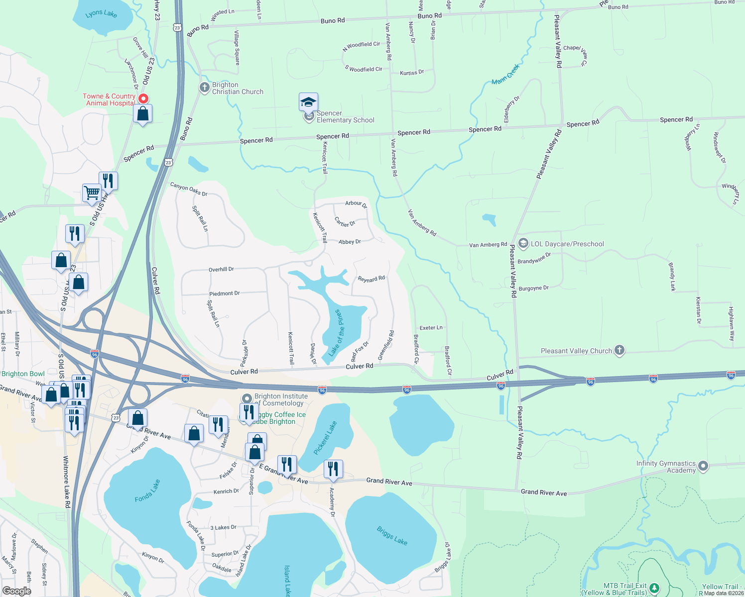 map of restaurants, bars, coffee shops, grocery stores, and more near 5264 Red Fox Drive in Brighton