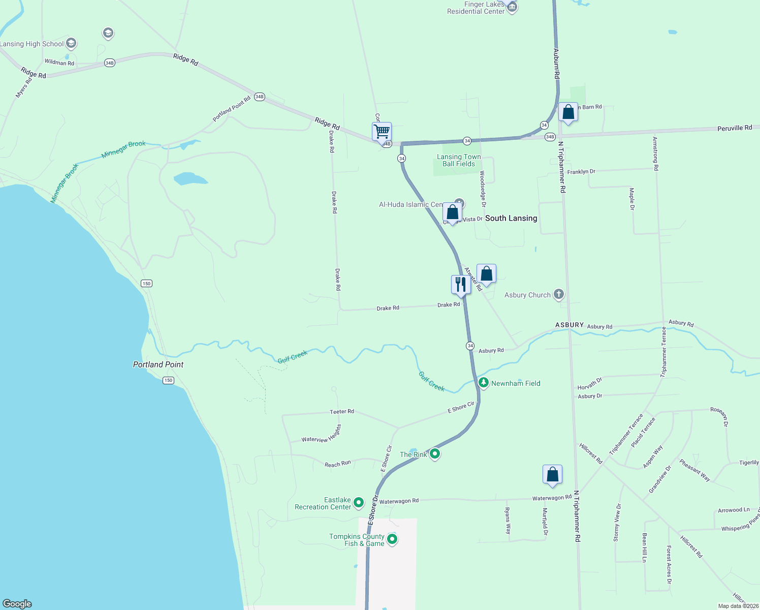 map of restaurants, bars, coffee shops, grocery stores, and more near 75 Drake Rd in Lansing