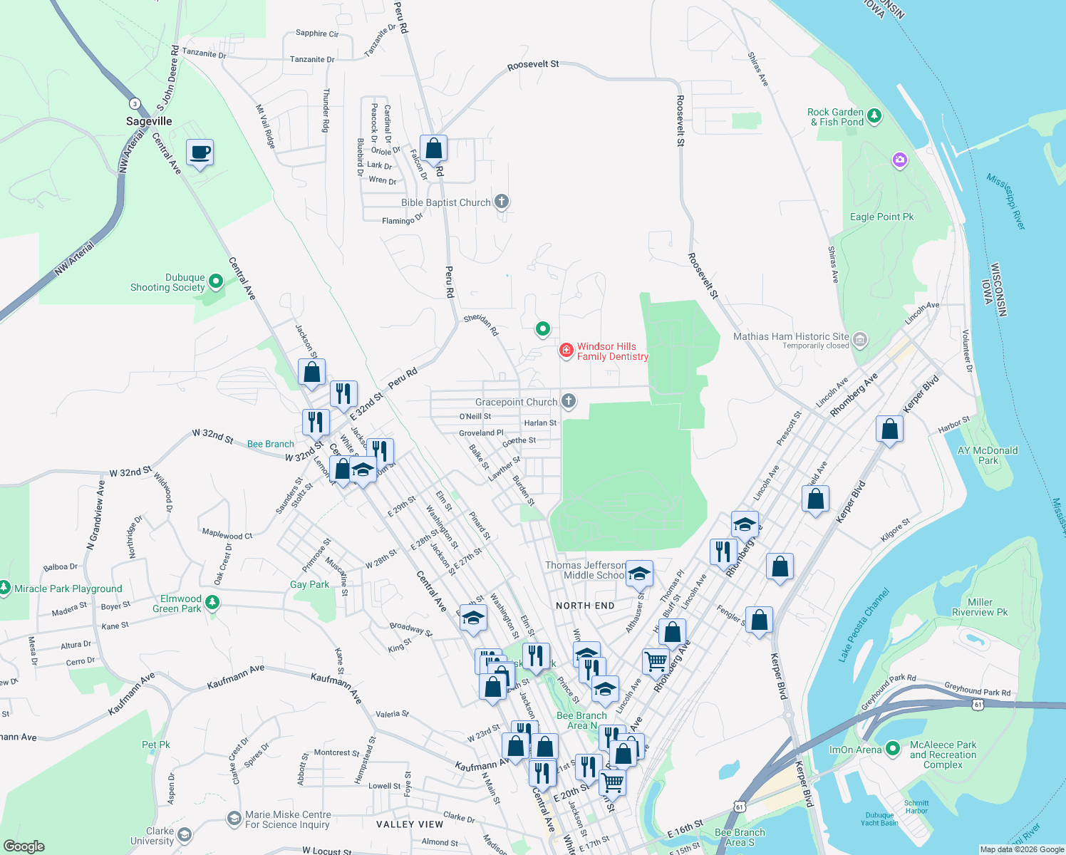 map of restaurants, bars, coffee shops, grocery stores, and more near 816 Harlan Street in Dubuque