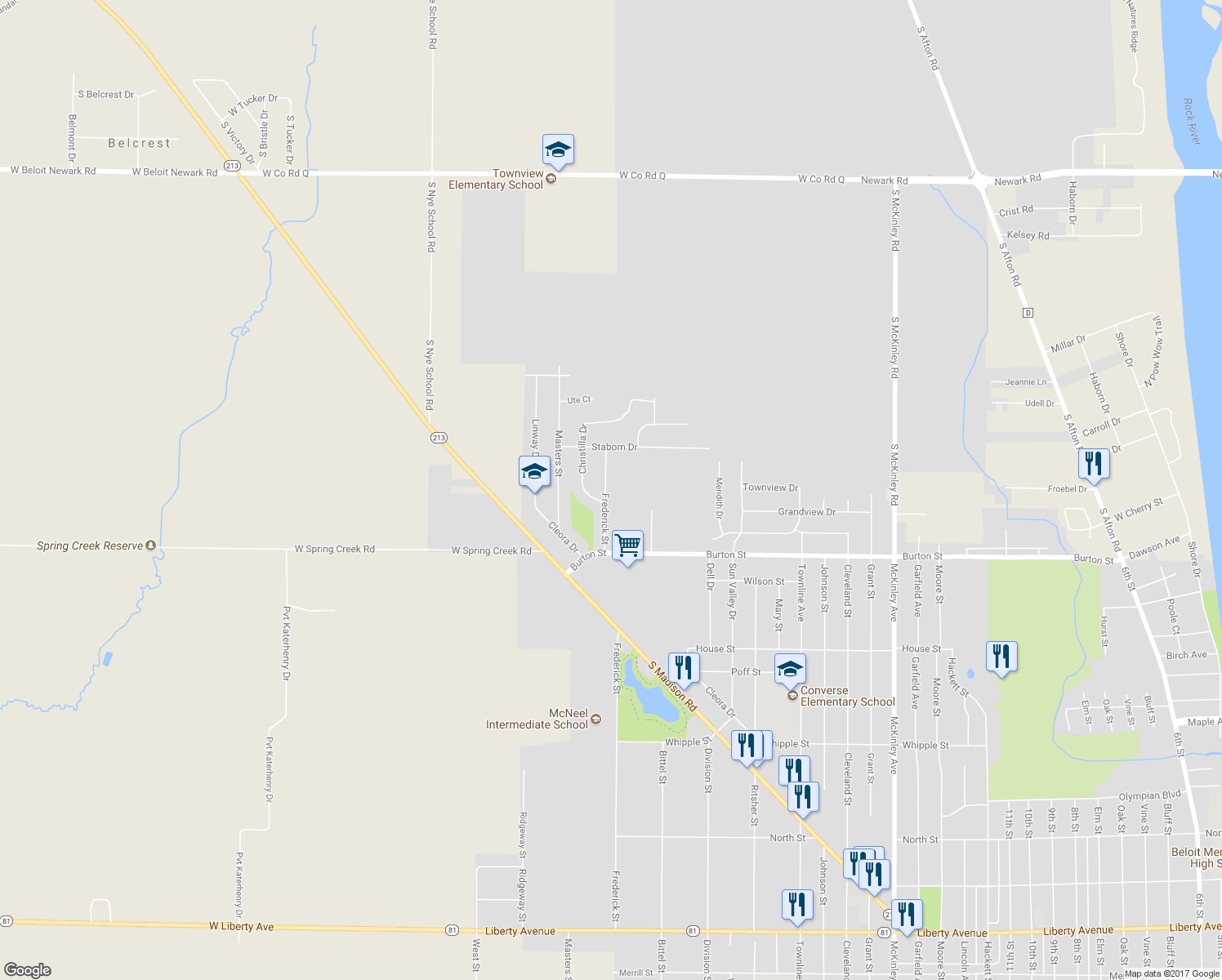 map of restaurants, bars, coffee shops, grocery stores, and more near 2015 Frederick Street in Beloit