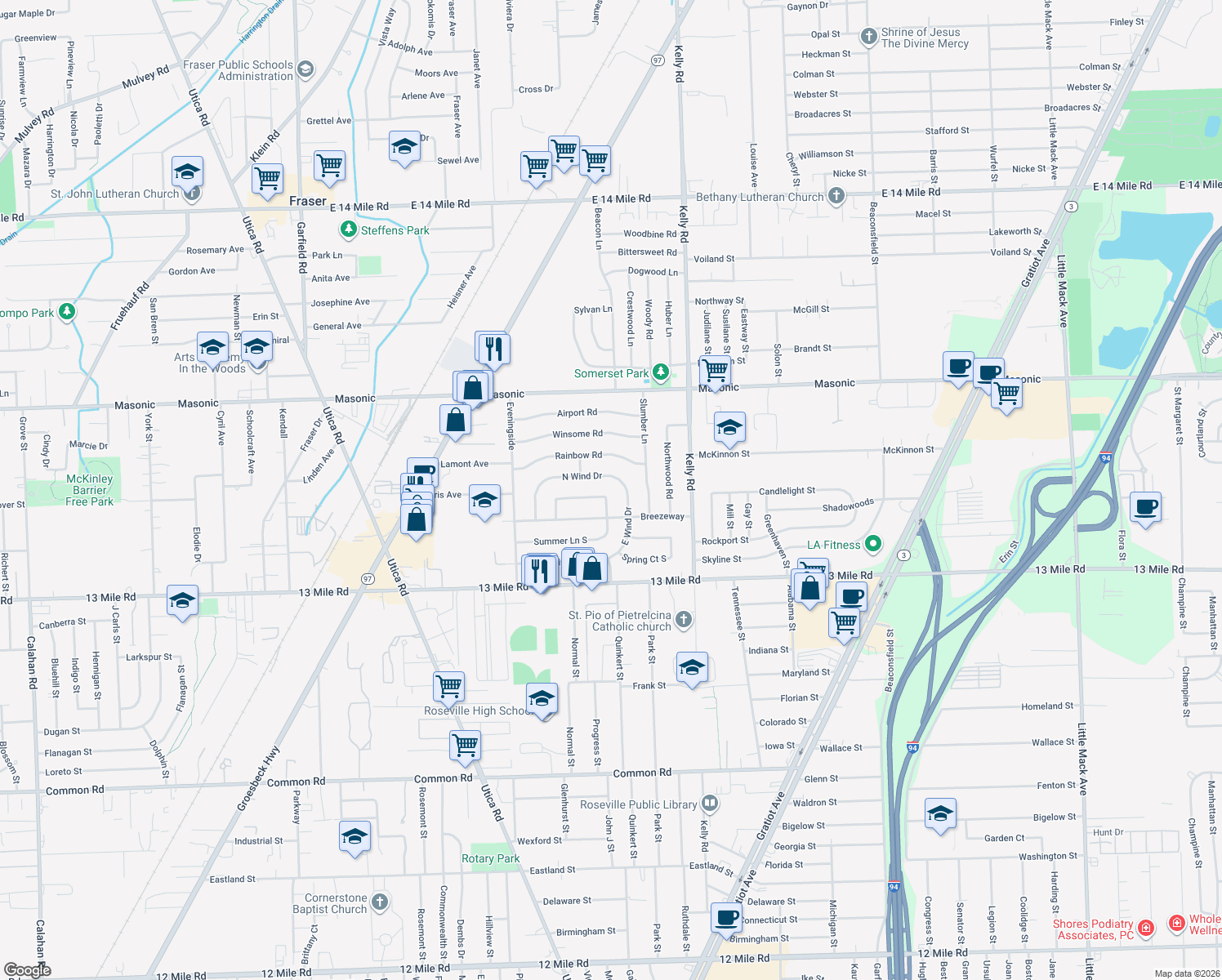 map of restaurants, bars, coffee shops, grocery stores, and more near 18077 Summer Ln N in Fraser