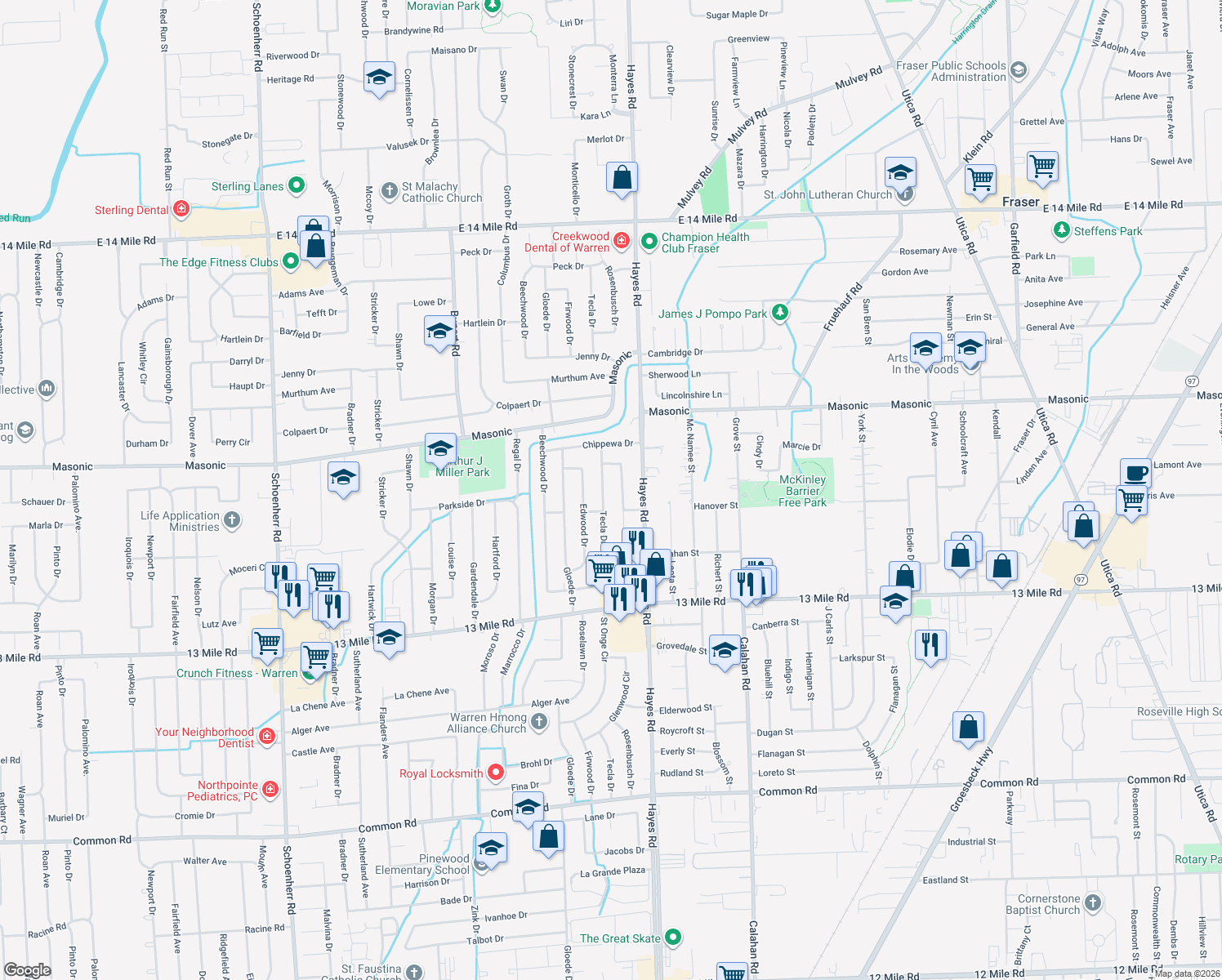 map of restaurants, bars, coffee shops, grocery stores, and more near 31556 Tecla Dr in Warren