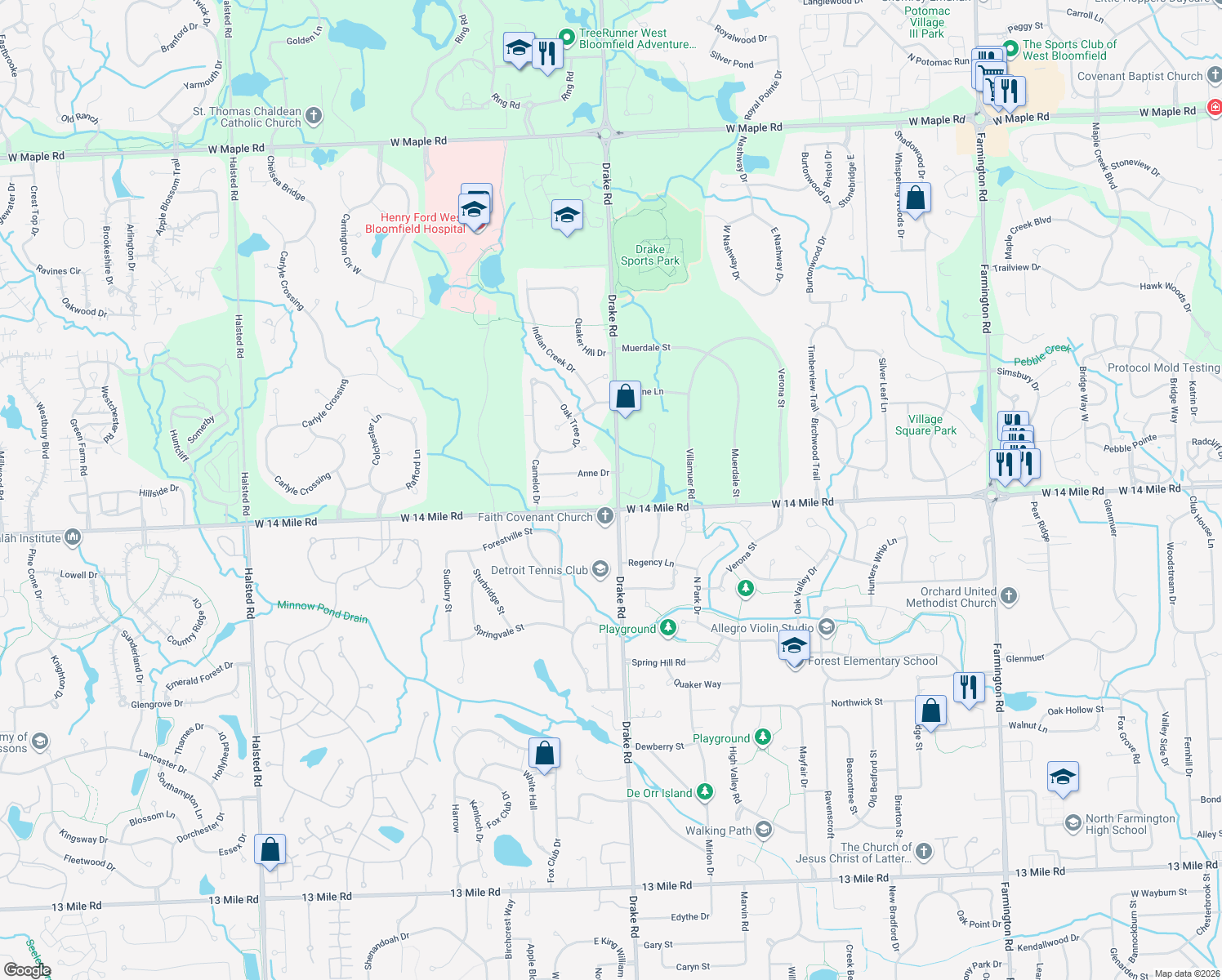 map of restaurants, bars, coffee shops, grocery stores, and more near 7453 Anne Court in West Bloomfield Township