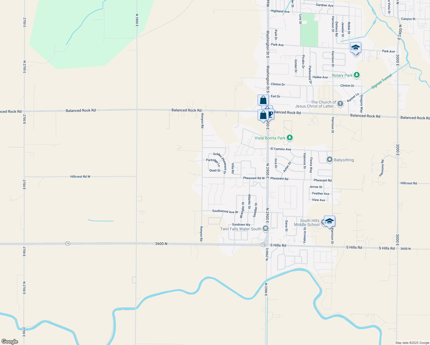 map of restaurants, bars, coffee shops, grocery stores, and more near 1268 Quail Street in Twin Falls