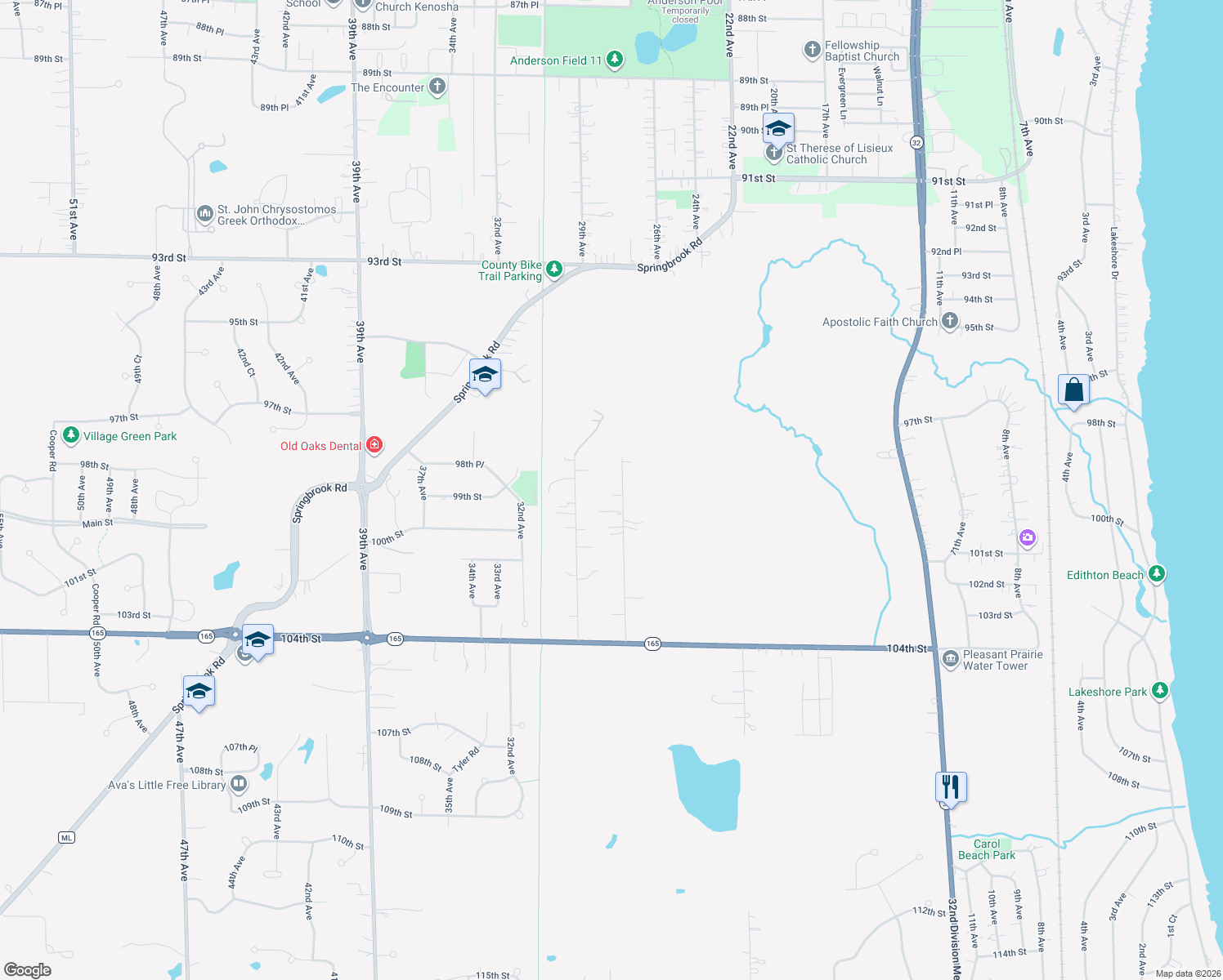 map of restaurants, bars, coffee shops, grocery stores, and more near 9900 28th Ave in Pleasant Prairie