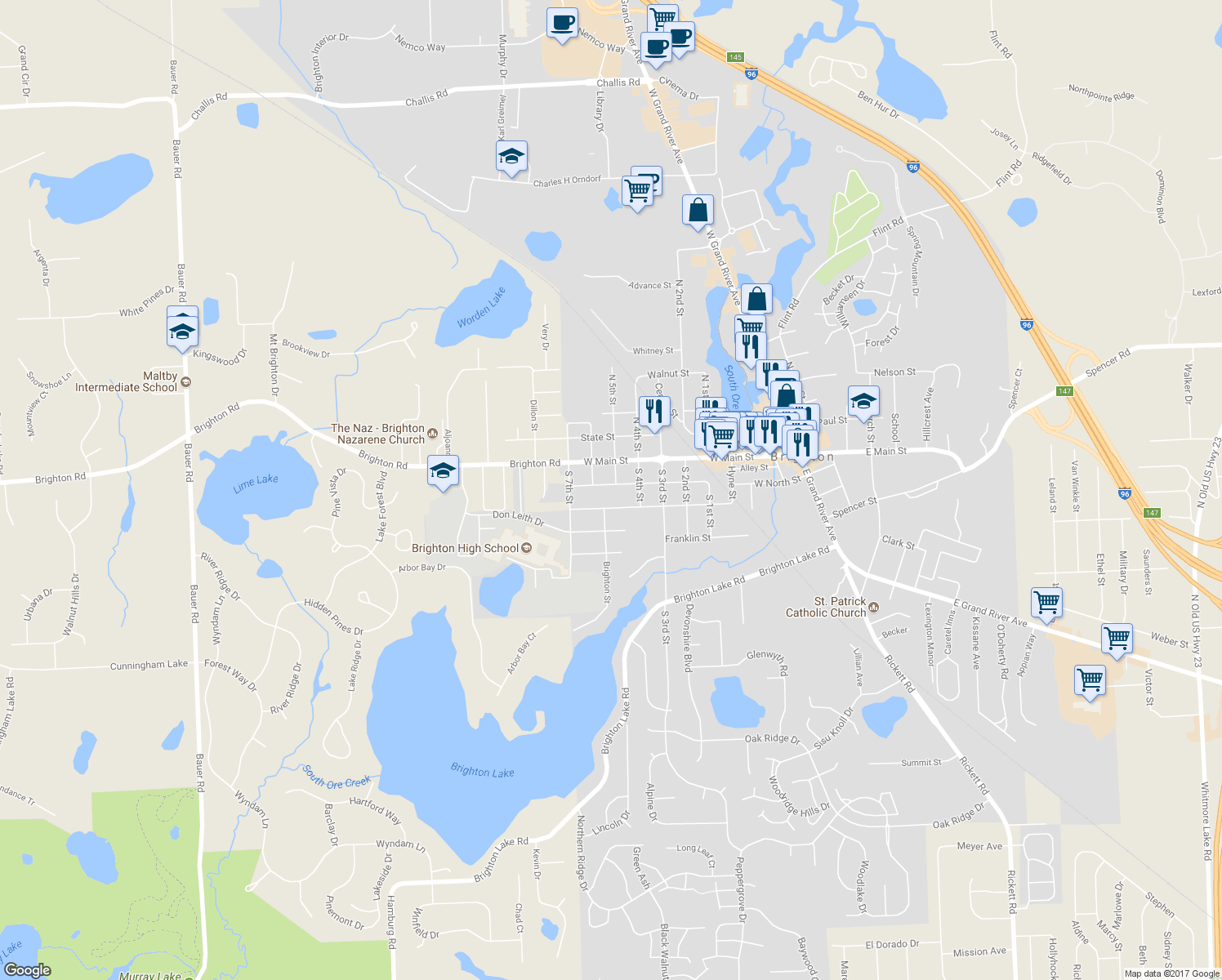 map of restaurants, bars, coffee shops, grocery stores, and more near 905 Madison Street in Brighton