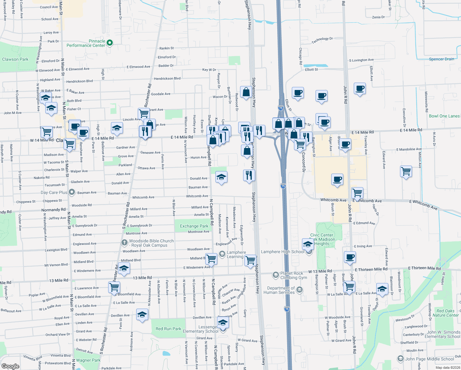 map of restaurants, bars, coffee shops, grocery stores, and more near 32000 North Campbell Road in Madison Heights
