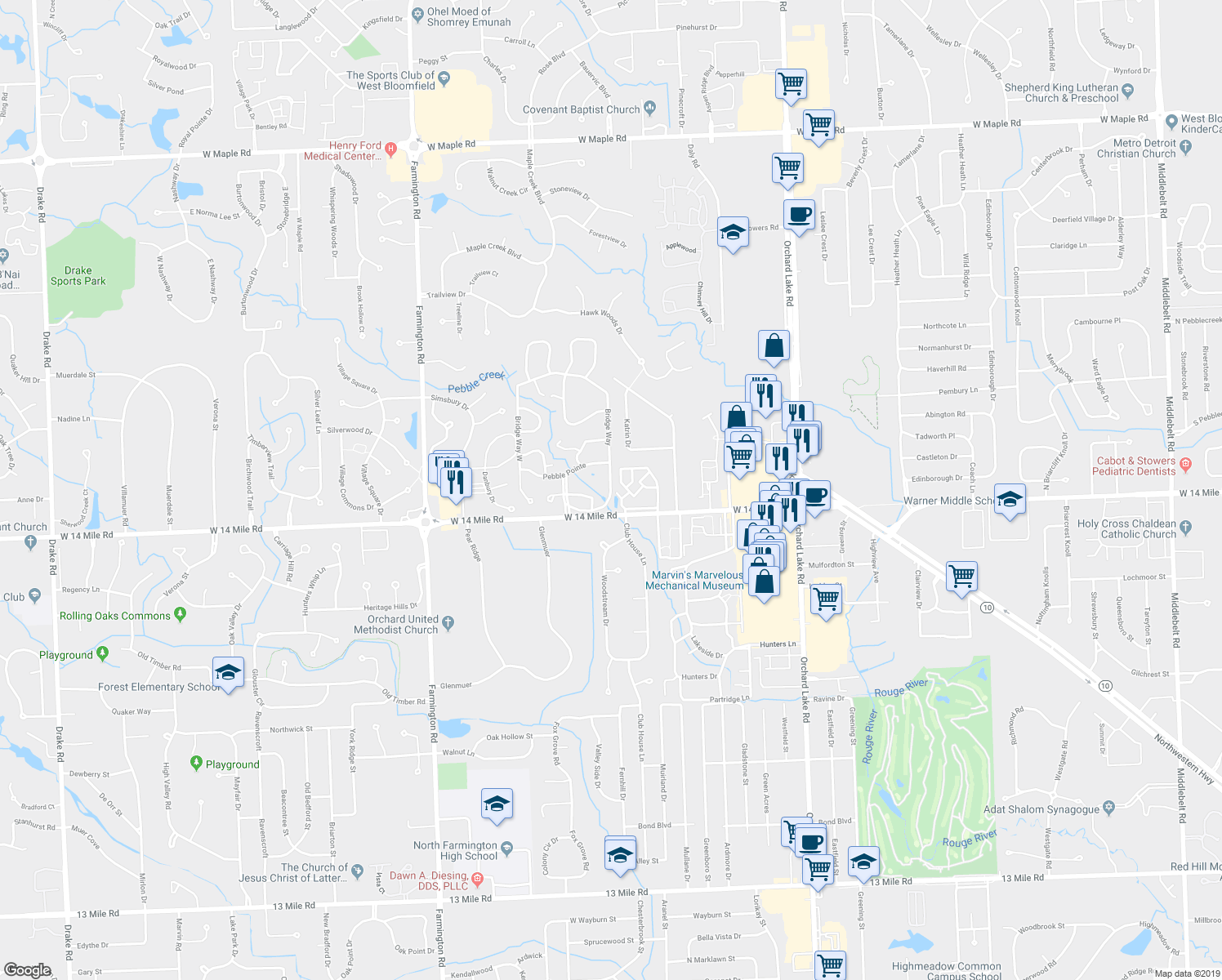 map of restaurants, bars, coffee shops, grocery stores, and more near 7426 Bridge Way in West Bloomfield Township
