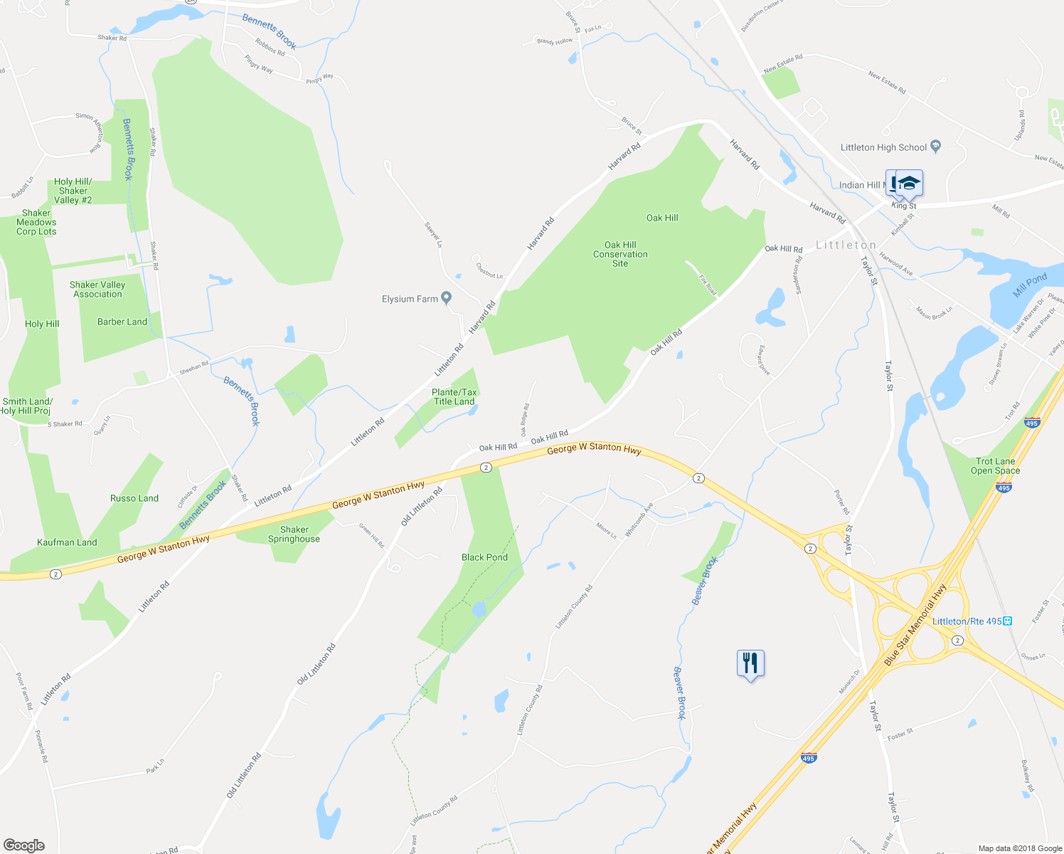 map of restaurants, bars, coffee shops, grocery stores, and more near 1 Oak Ridge Road in Littleton