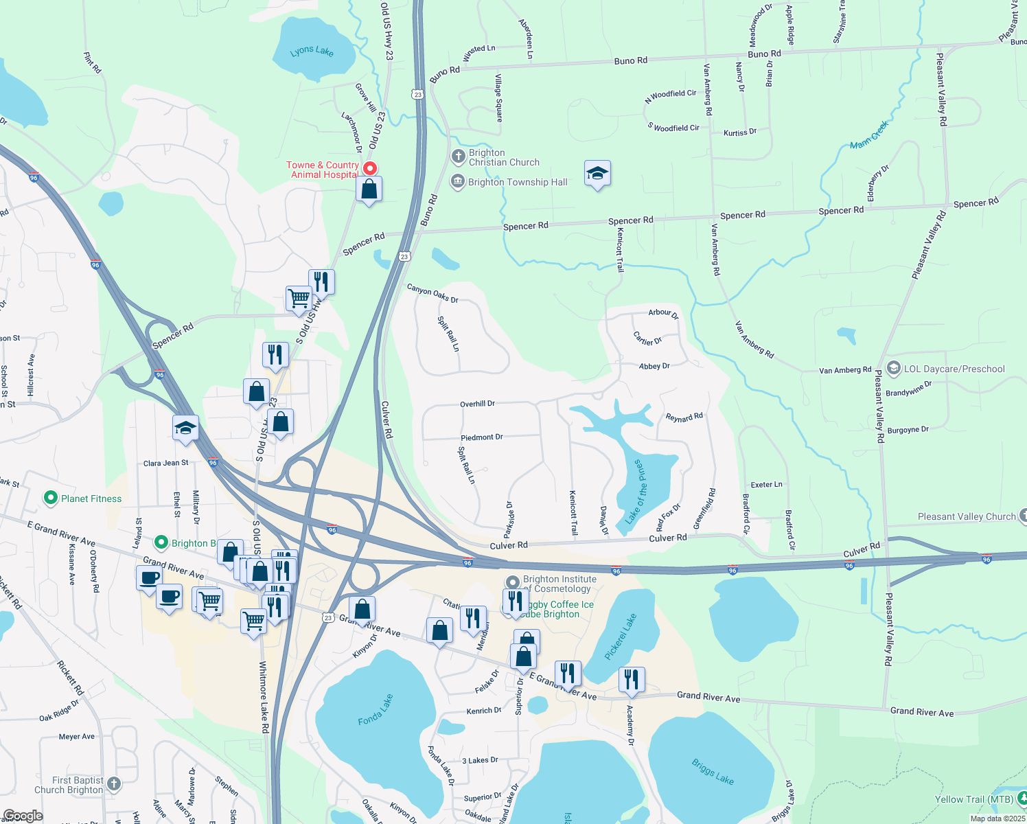 map of restaurants, bars, coffee shops, grocery stores, and more near 10485 Overhill Drive in Brighton