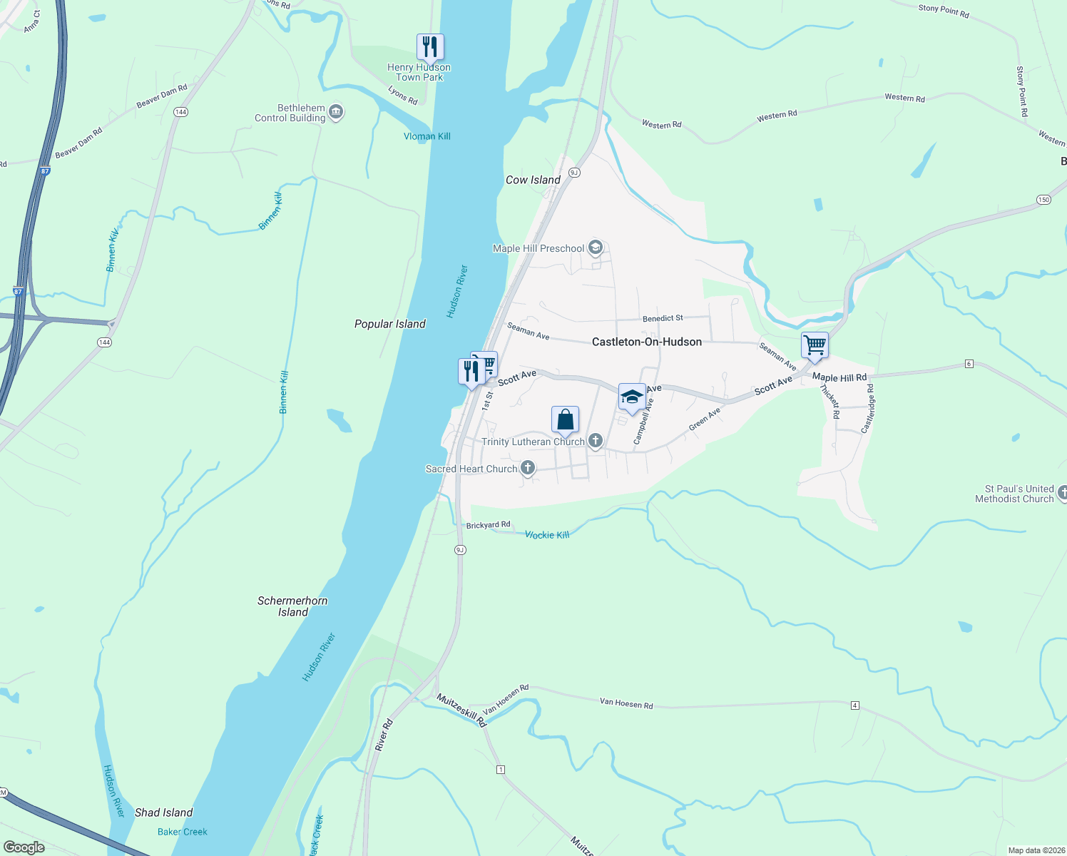 map of restaurants, bars, coffee shops, grocery stores, and more near 31 Green Avenue in Castleton-on-Hudson