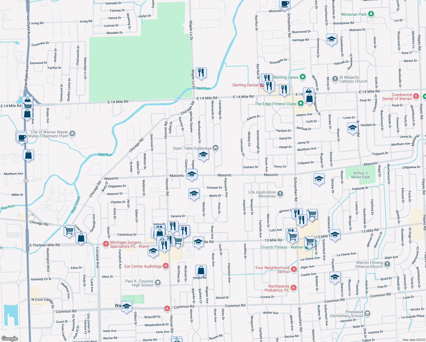 map of restaurants, bars, coffee shops, grocery stores, and more near 31915 Cambridge Dr in Warren