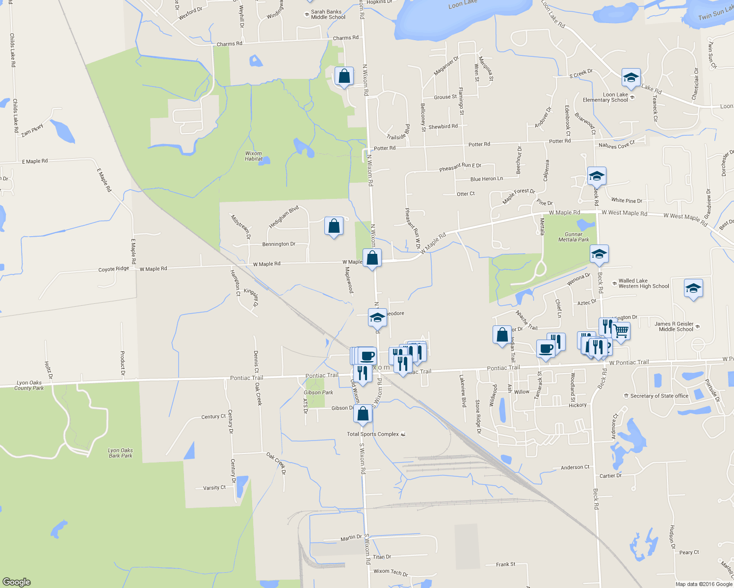 map of restaurants, bars, coffee shops, grocery stores, and more near 499 North Wixom Road in Wixom