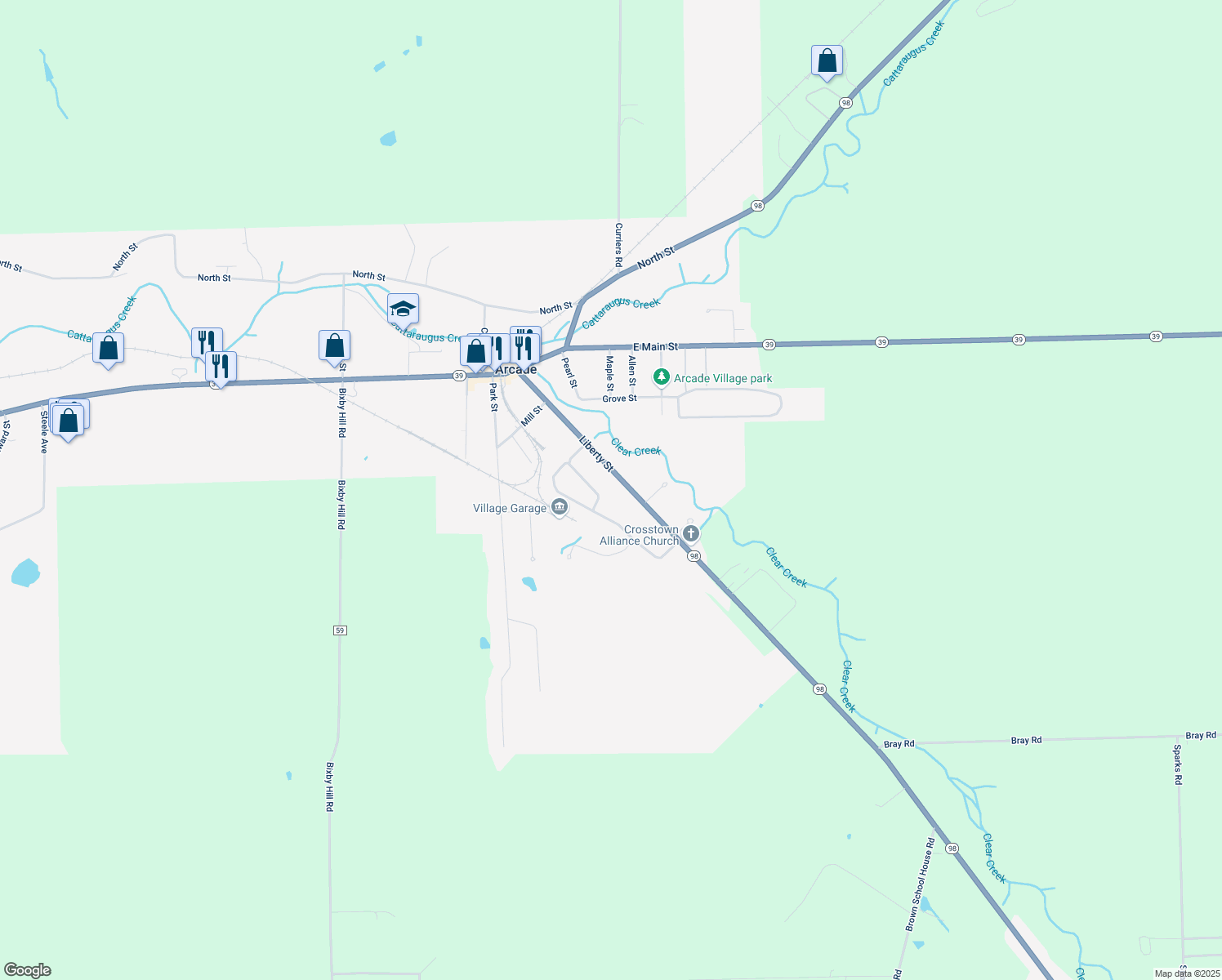 map of restaurants, bars, coffee shops, grocery stores, and more near 177 Liberty Street in Arcade