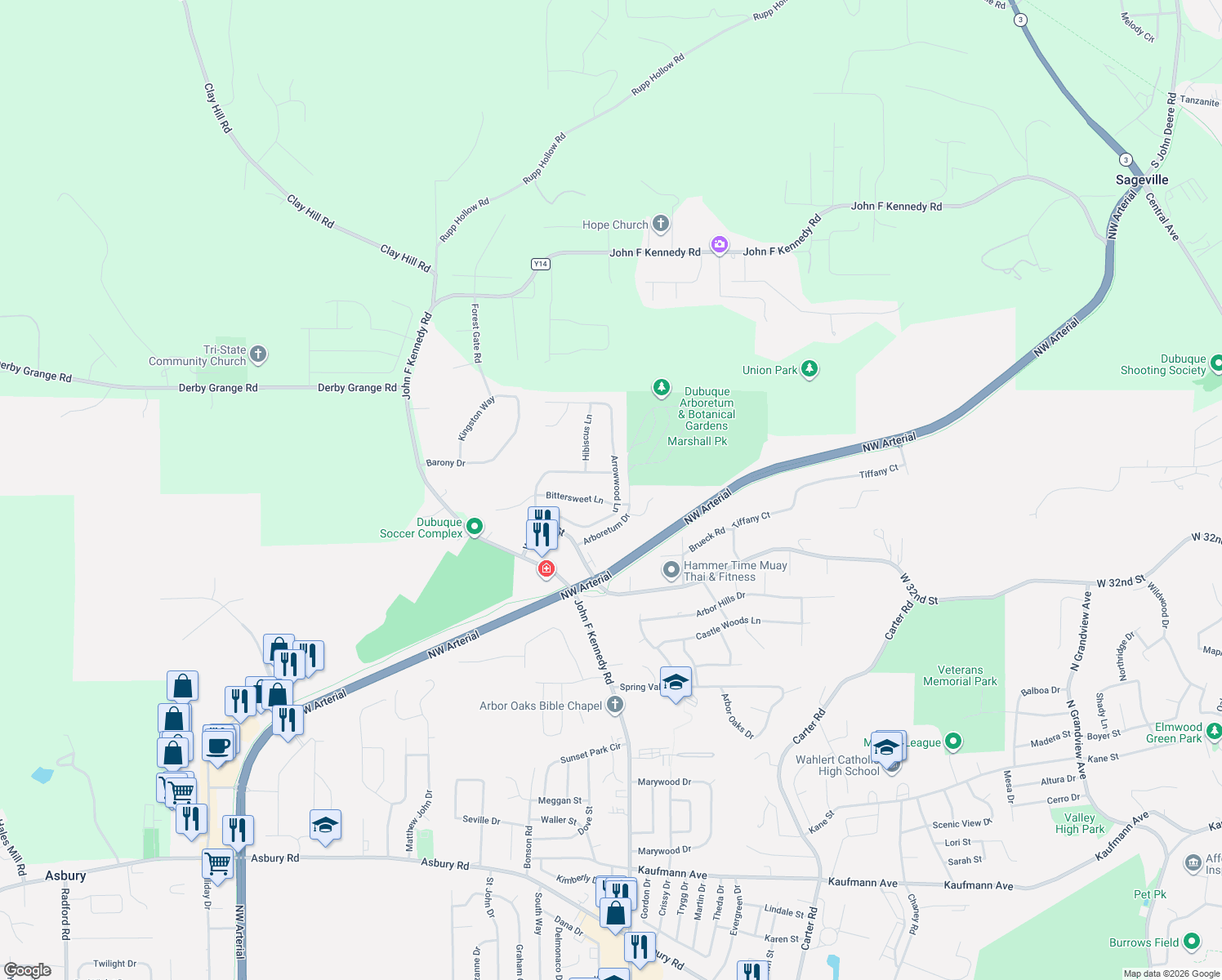 map of restaurants, bars, coffee shops, grocery stores, and more near 3321 Arrowwood Ln in Dubuque