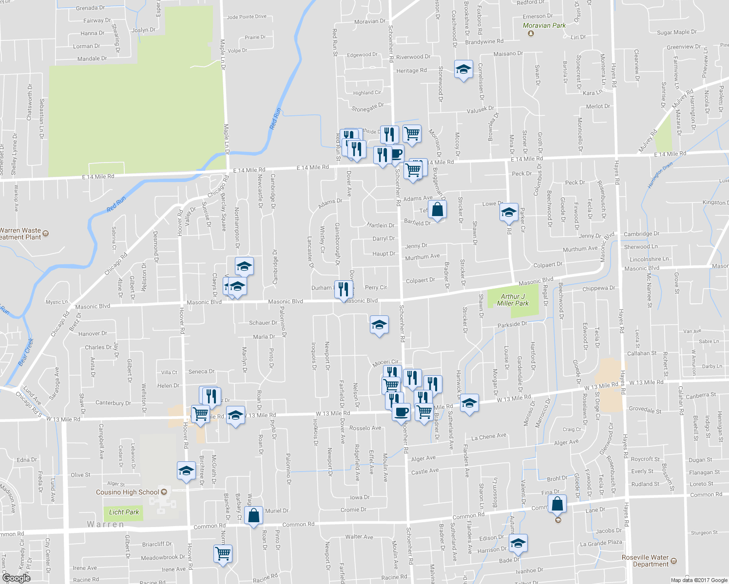 map of restaurants, bars, coffee shops, grocery stores, and more near 13362 Perry Circle in Warren