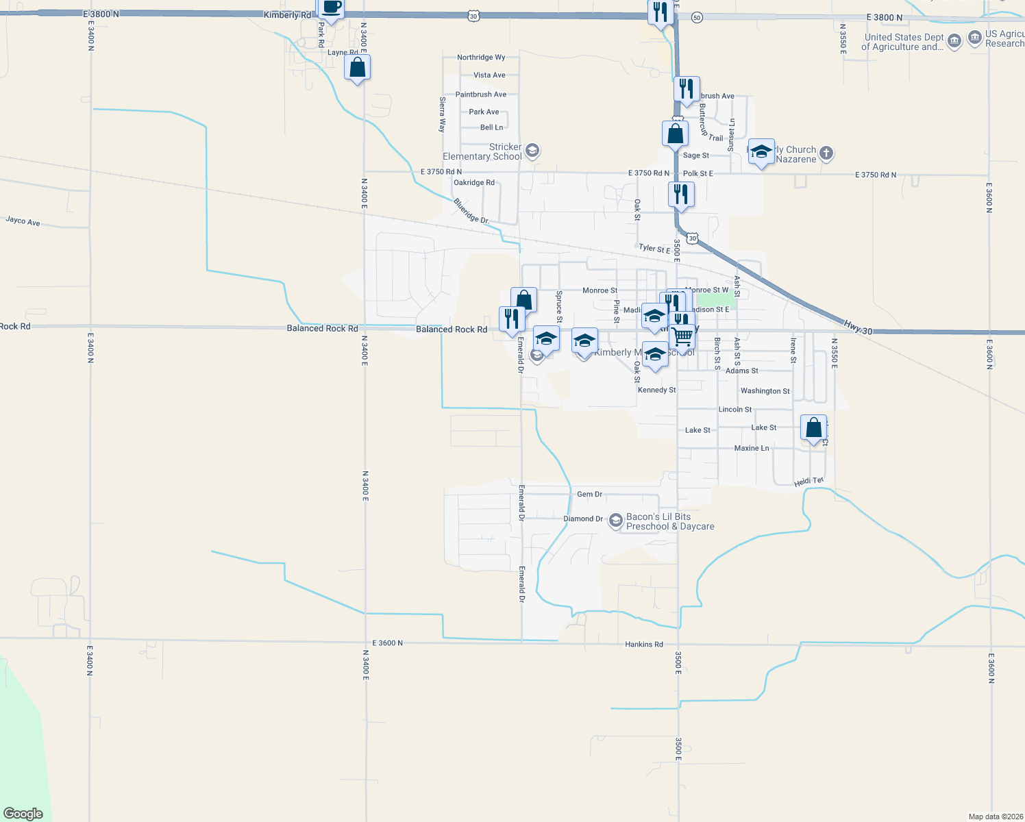 map of restaurants, bars, coffee shops, grocery stores, and more near 3673 N 3450 E in Kimberly