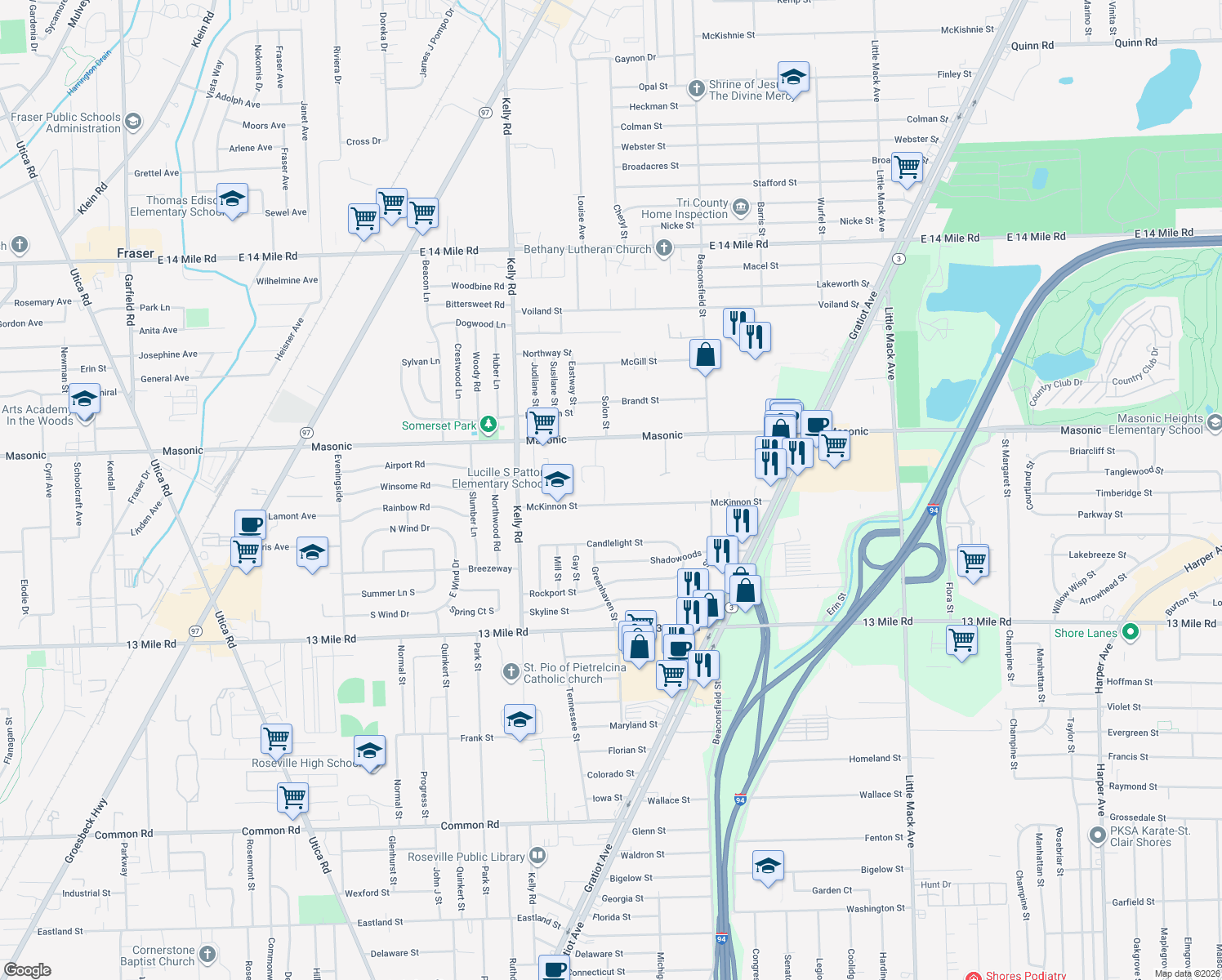 map of restaurants, bars, coffee shops, grocery stores, and more near 19135 McKinnon St in Roseville