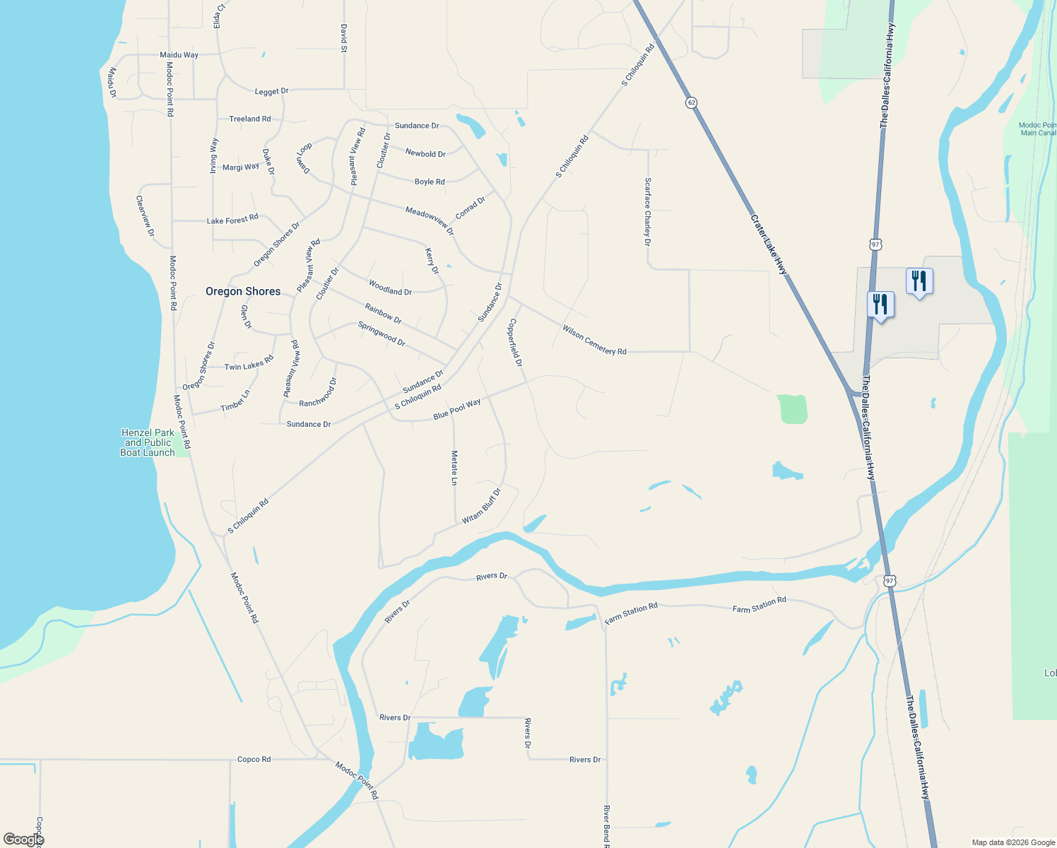 map of restaurants, bars, coffee shops, grocery stores, and more near 33870 Copperfield Dr in Chiloquin