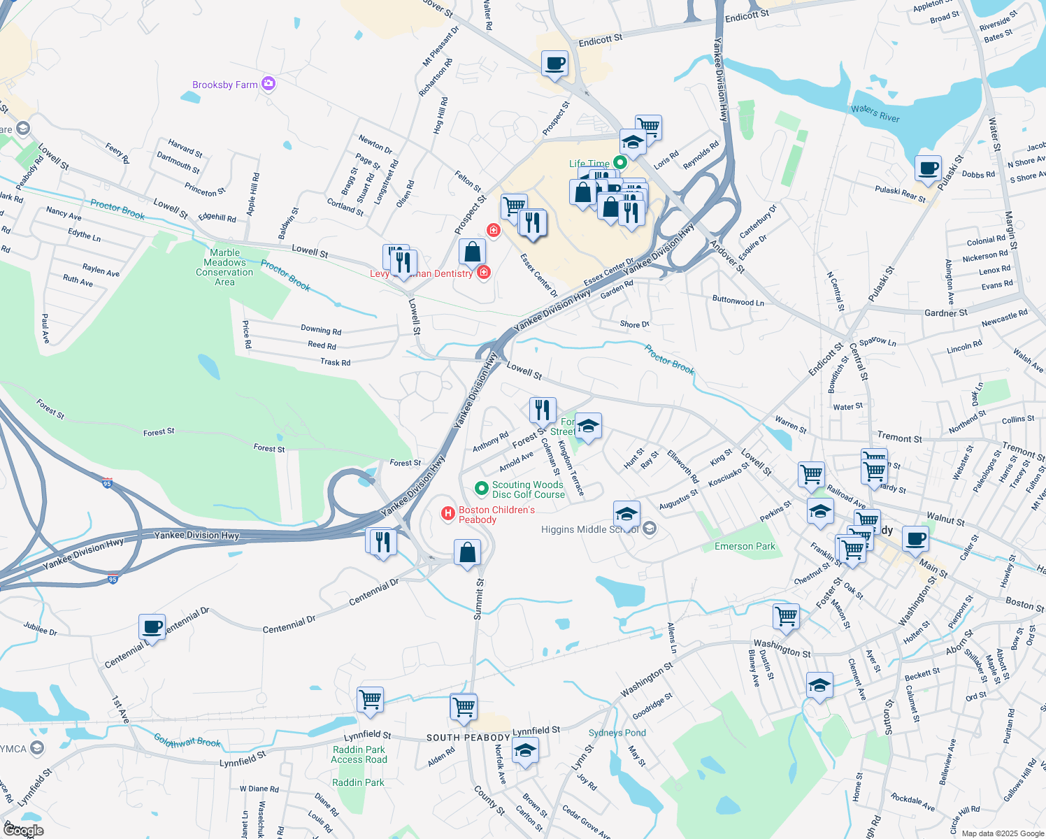 map of restaurants, bars, coffee shops, grocery stores, and more near 6 Bartlett Street in Peabody