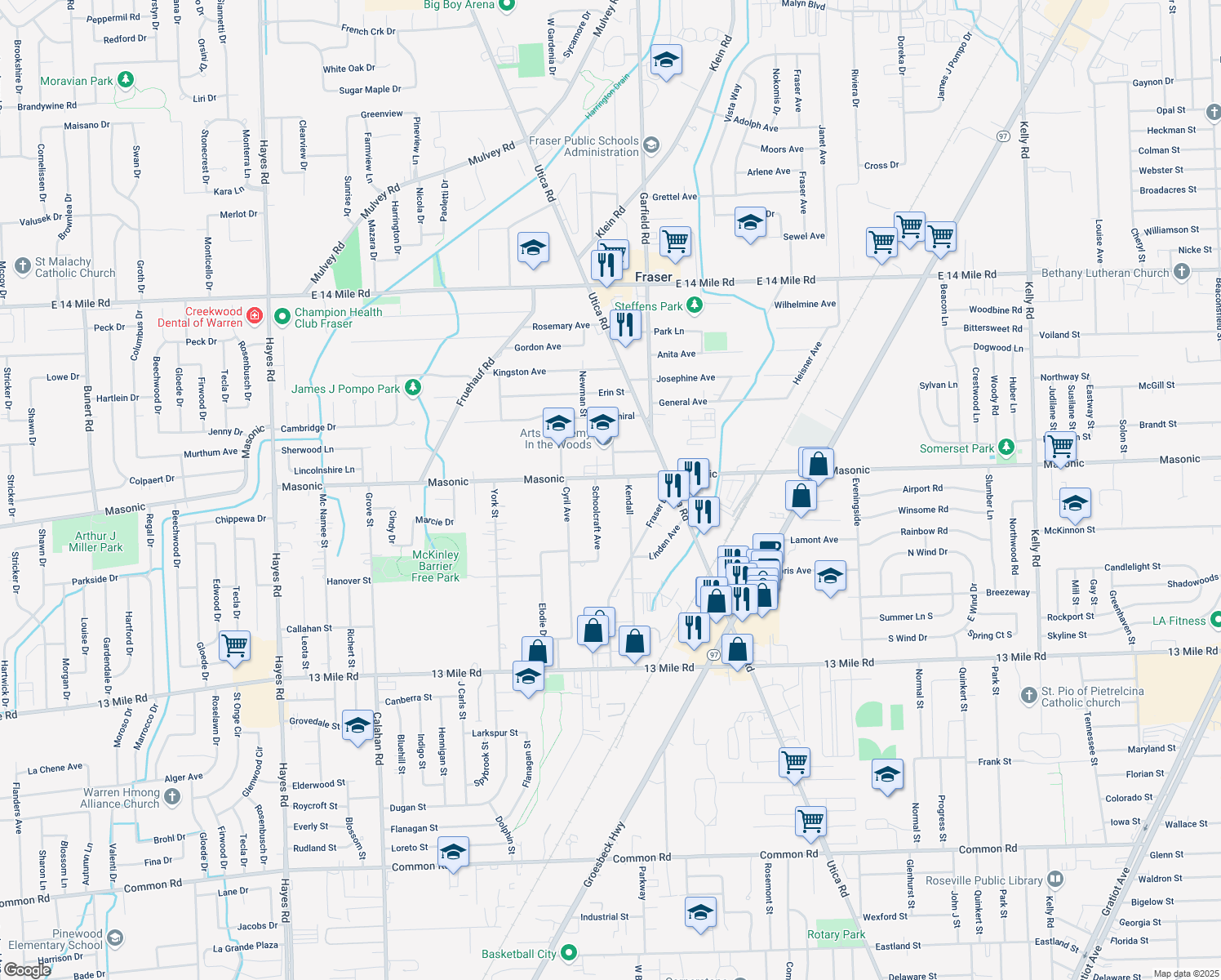 map of restaurants, bars, coffee shops, grocery stores, and more near 16480 Masonic in Fraser