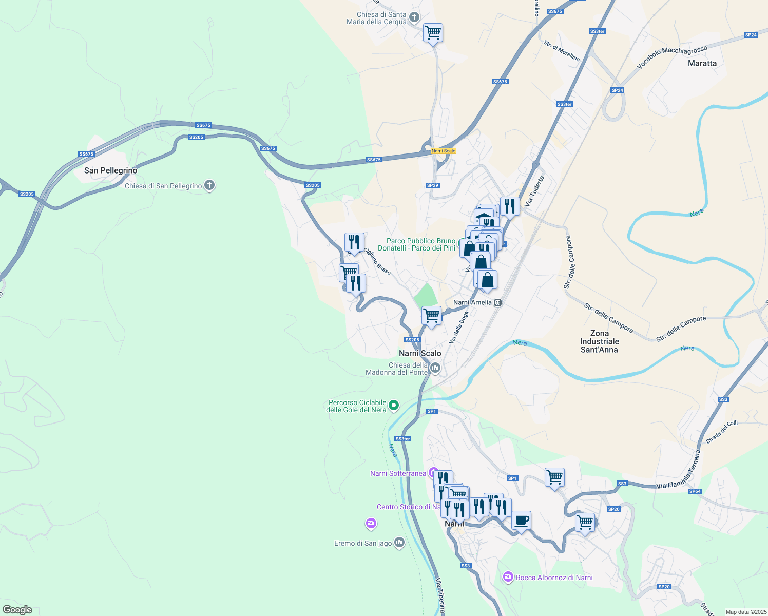 map of restaurants, bars, coffee shops, grocery stores, and more near 7 Strada del Poggiolo in Narni Scalo