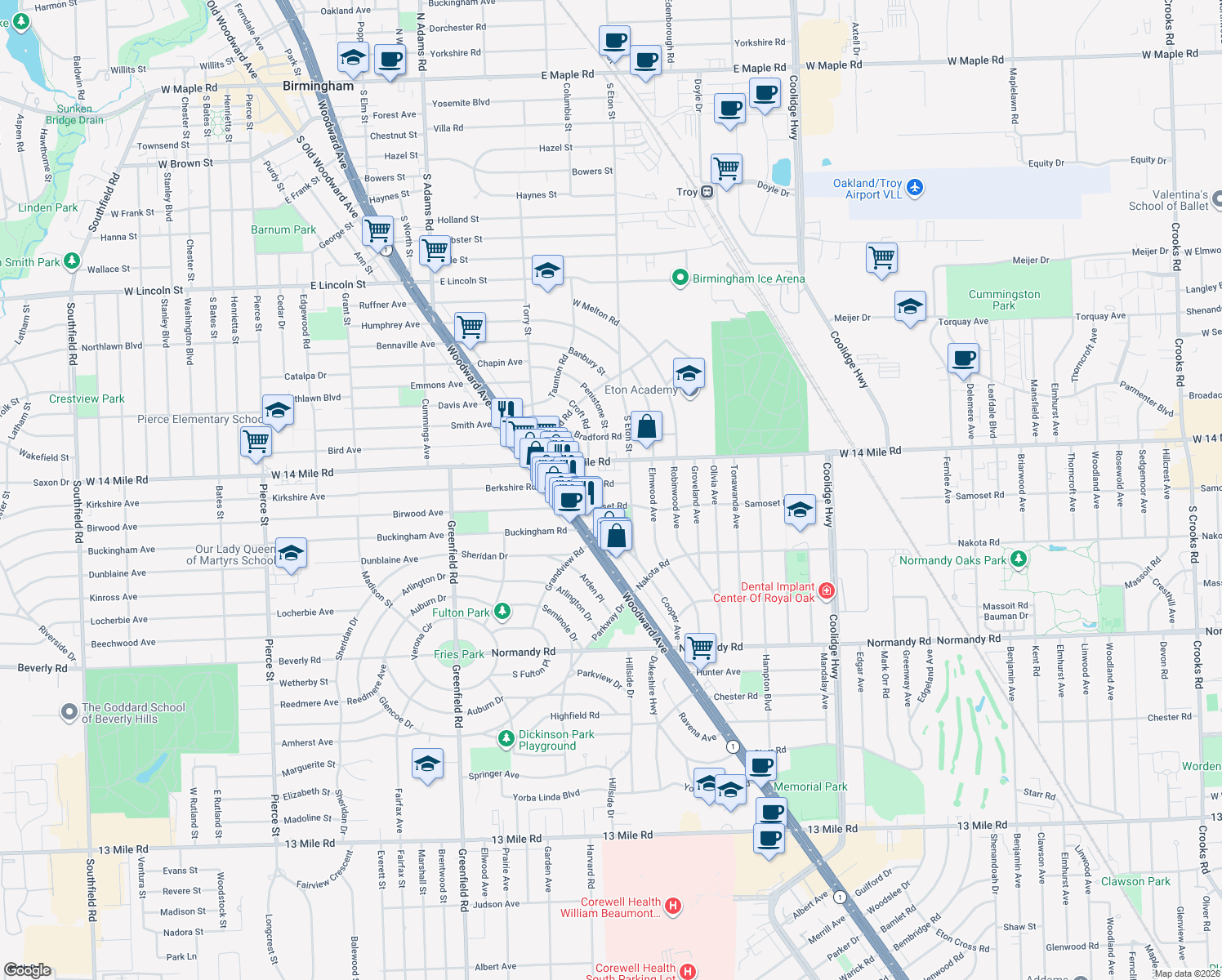map of restaurants, bars, coffee shops, grocery stores, and more near 4127 Berkshire Road in Royal Oak