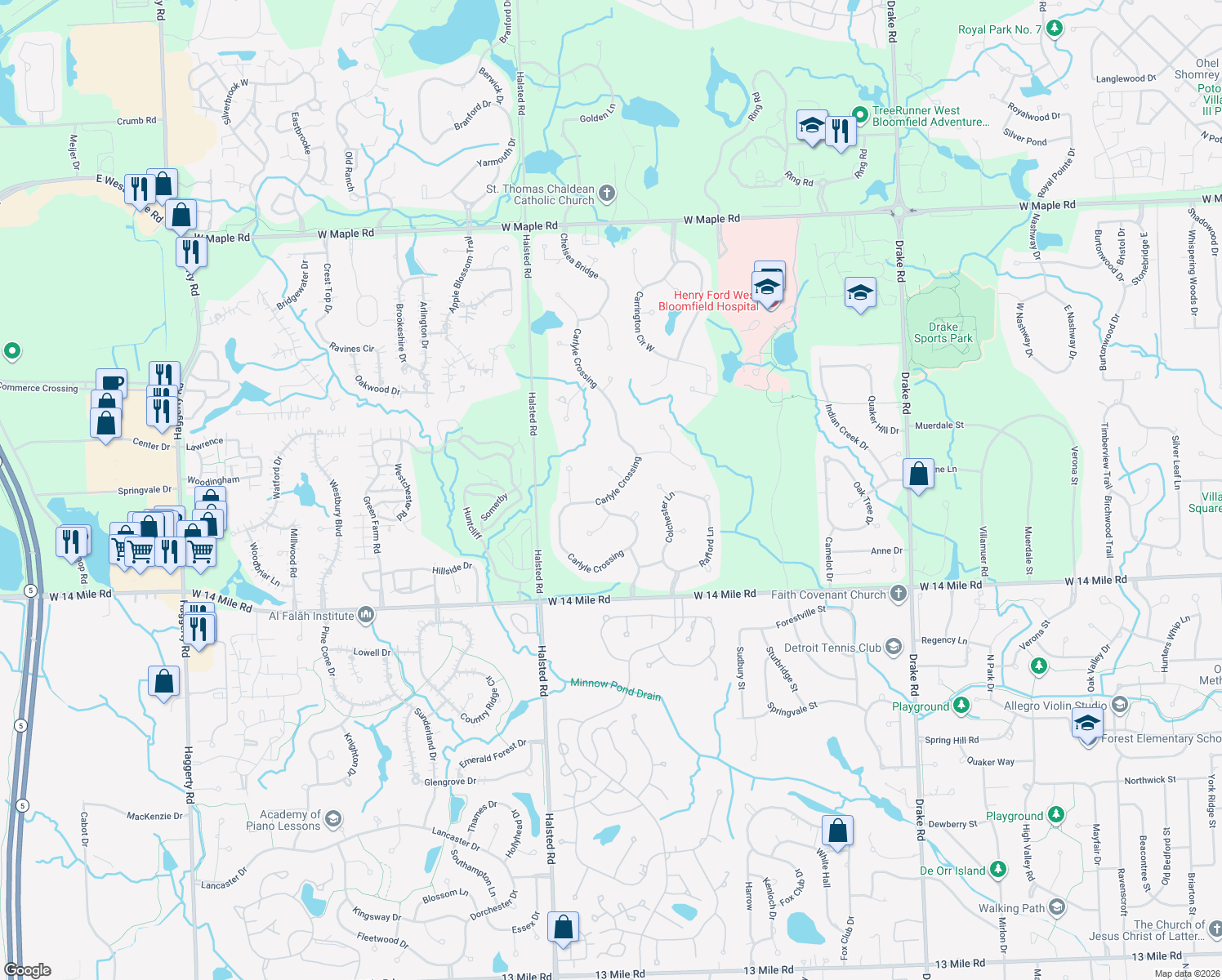 map of restaurants, bars, coffee shops, grocery stores, and more near 7150 Carlyle Crossing in West Bloomfield Township
