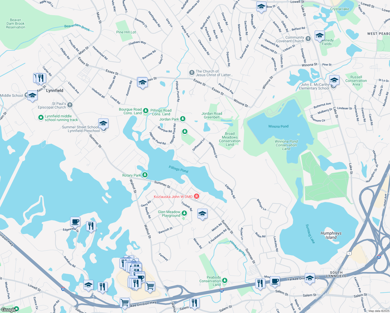 map of restaurants, bars, coffee shops, grocery stores, and more near 2 Walsh Rd in Lynnfield