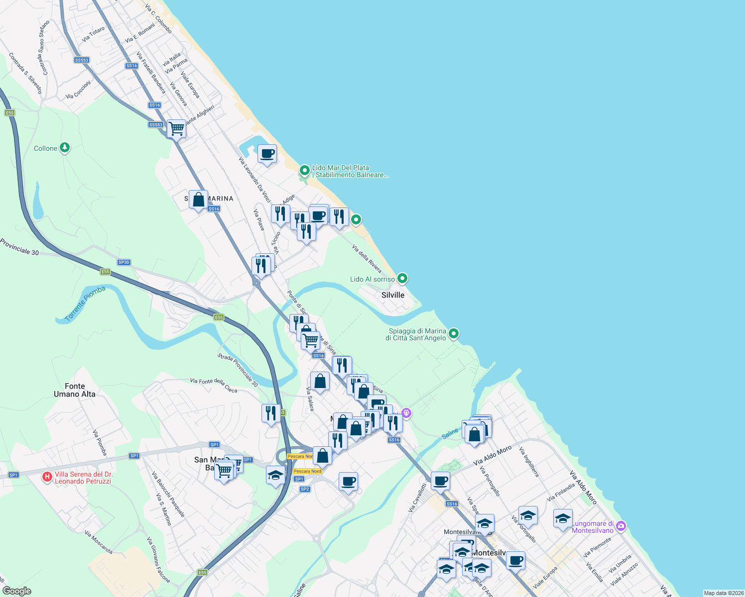 map of restaurants, bars, coffee shops, grocery stores, and more near 24 Via della Riviera in Silville
