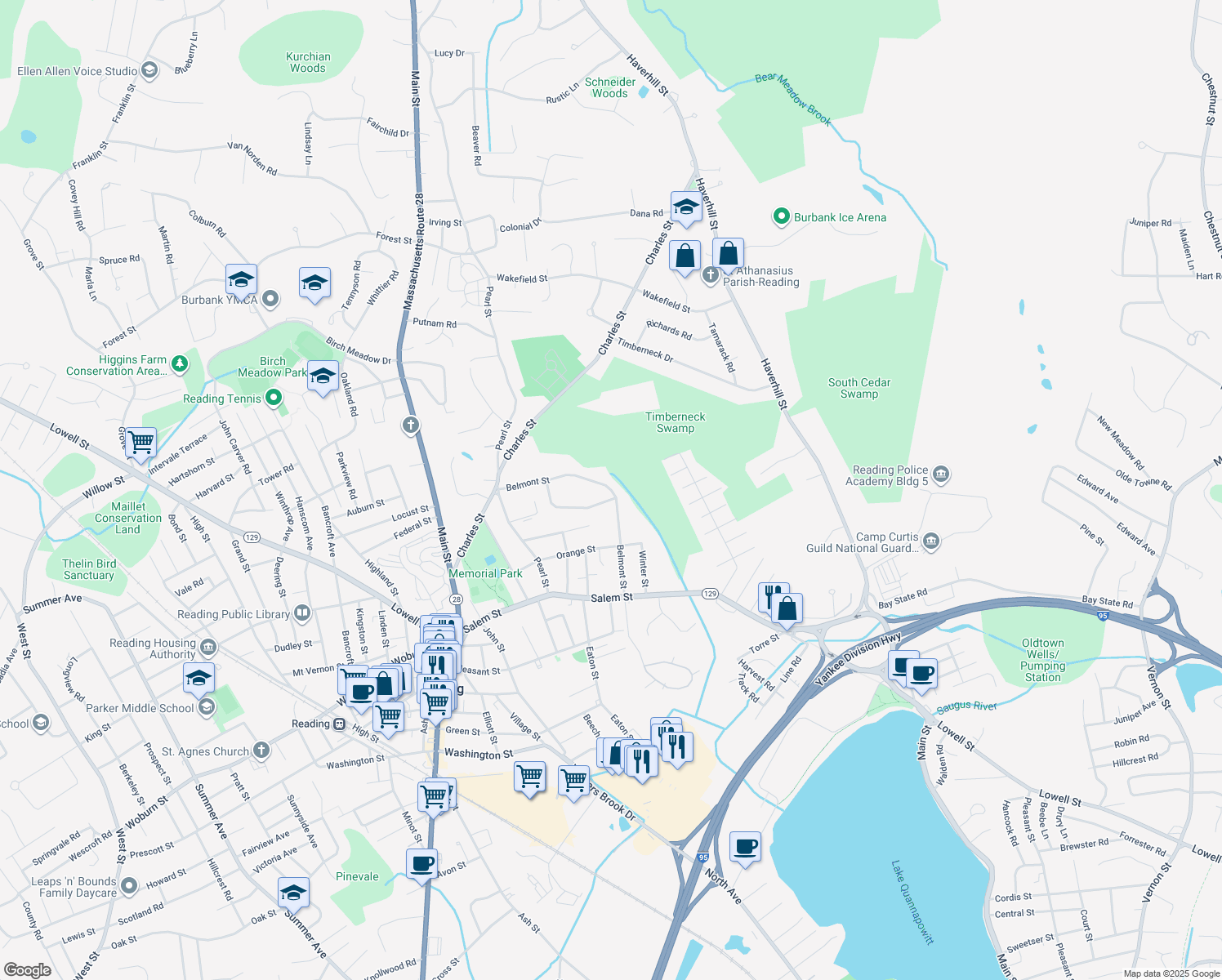 map of restaurants, bars, coffee shops, grocery stores, and more near 94 Belmont St in Reading