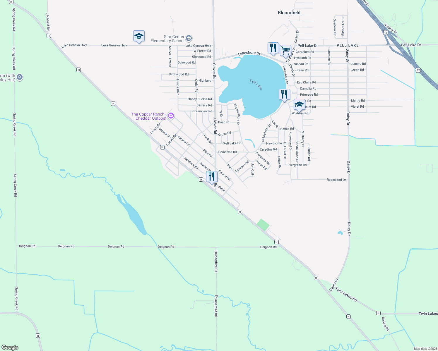 map of restaurants, bars, coffee shops, grocery stores, and more near N1114 Walnut Road in Twin Lakes