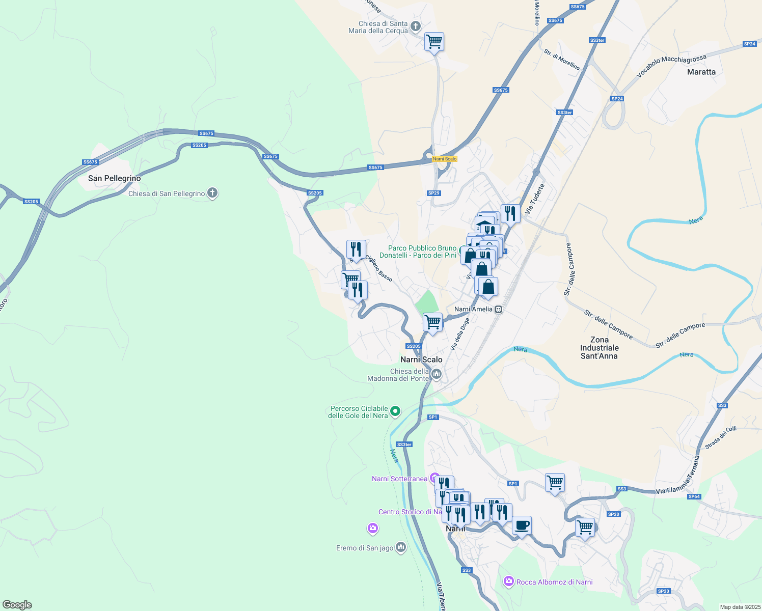 map of restaurants, bars, coffee shops, grocery stores, and more near 7 Strada del Poggiolo in Narni Scalo