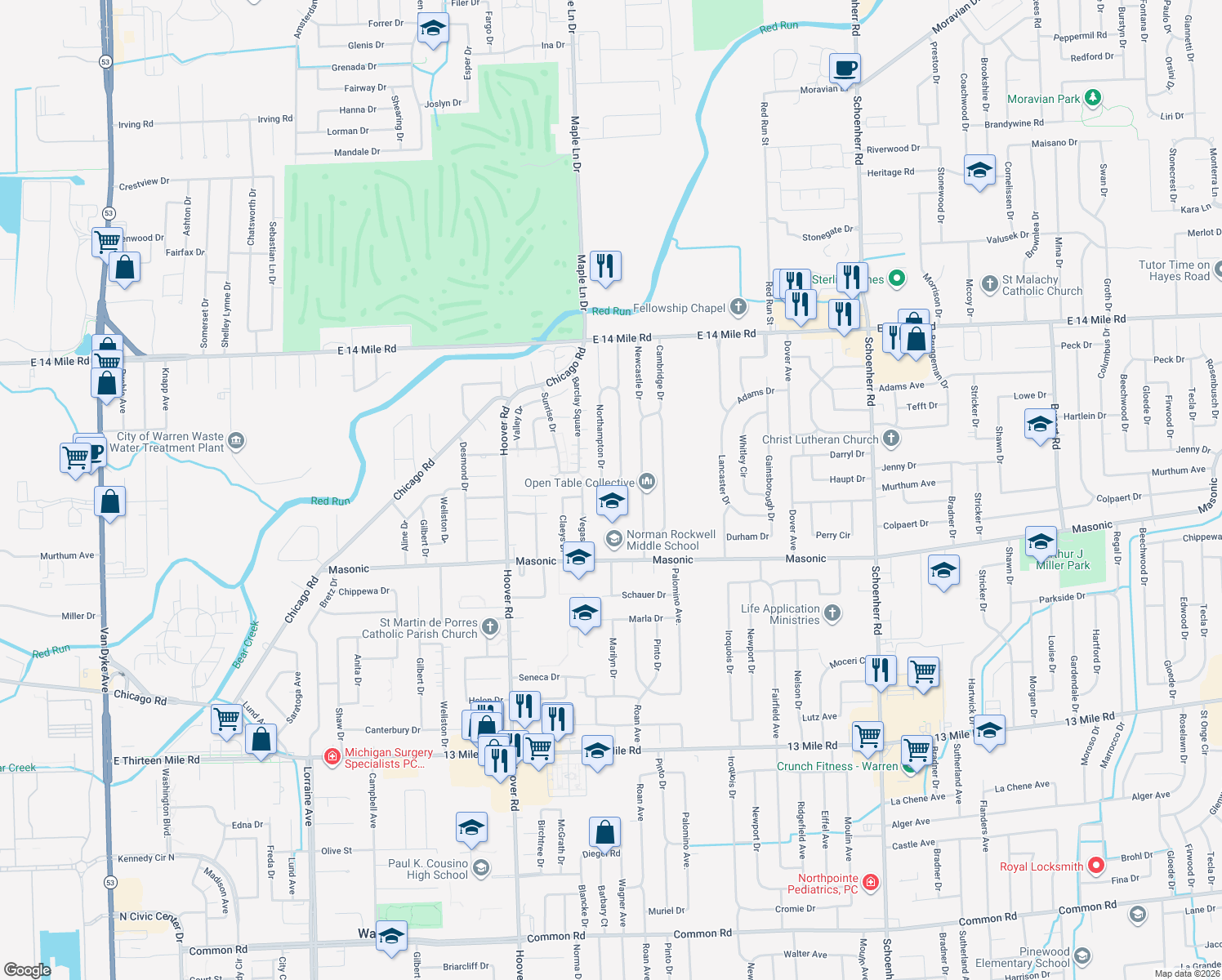 map of restaurants, bars, coffee shops, grocery stores, and more near 12182 Sheffield Dr in Warren