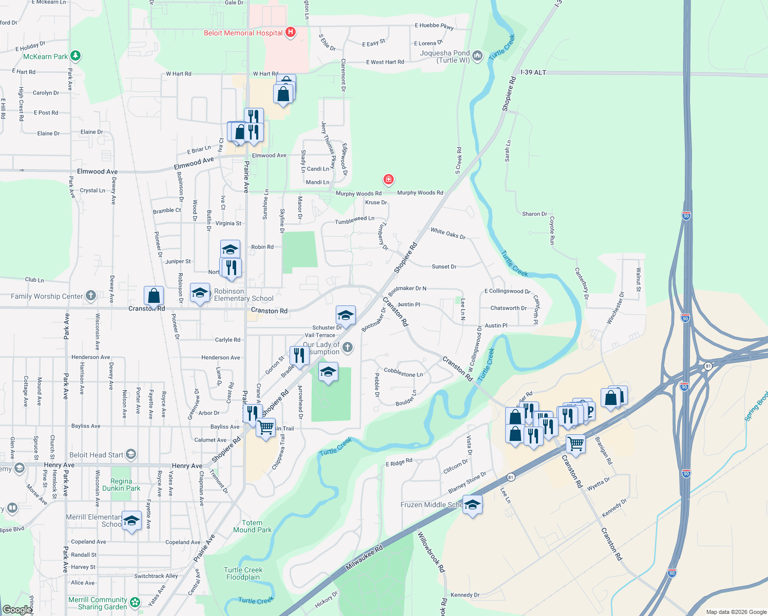 map of restaurants, bars, coffee shops, grocery stores, and more near 2282 Bootmaker Drive in Beloit
