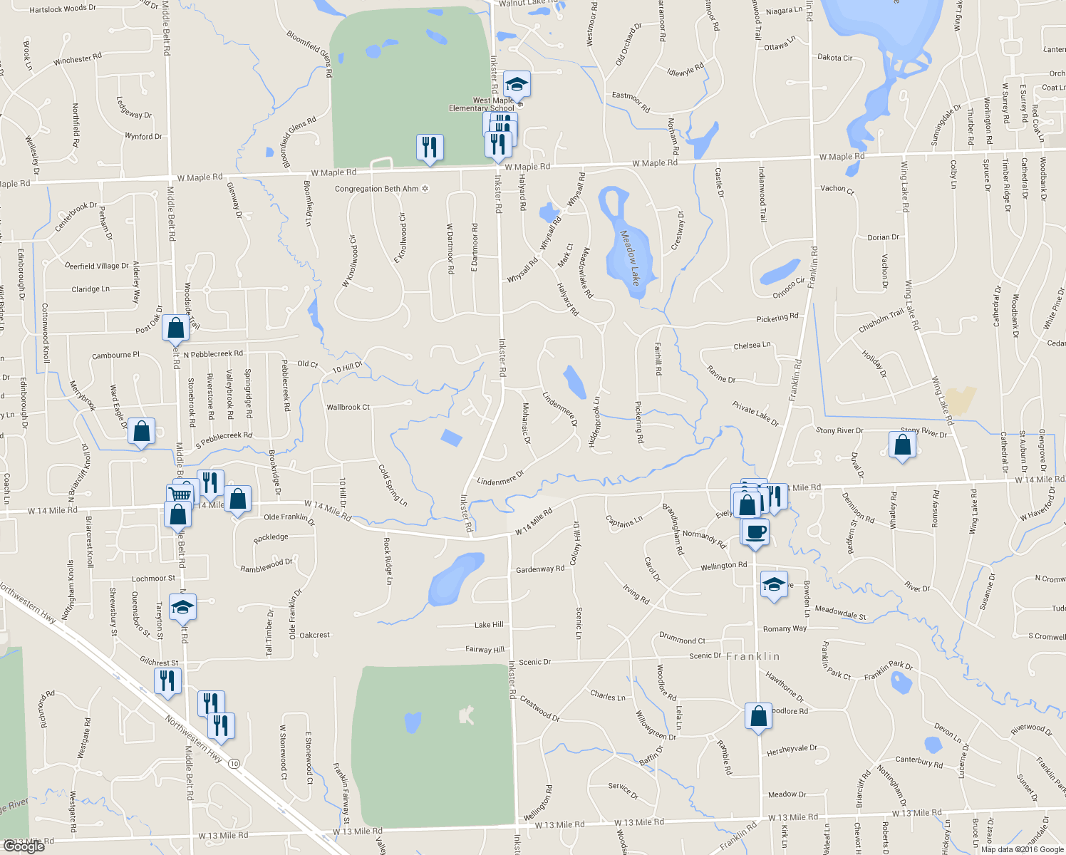 map of restaurants, bars, coffee shops, grocery stores, and more near 7301 Mohansic Drive in Bloomfield Hills